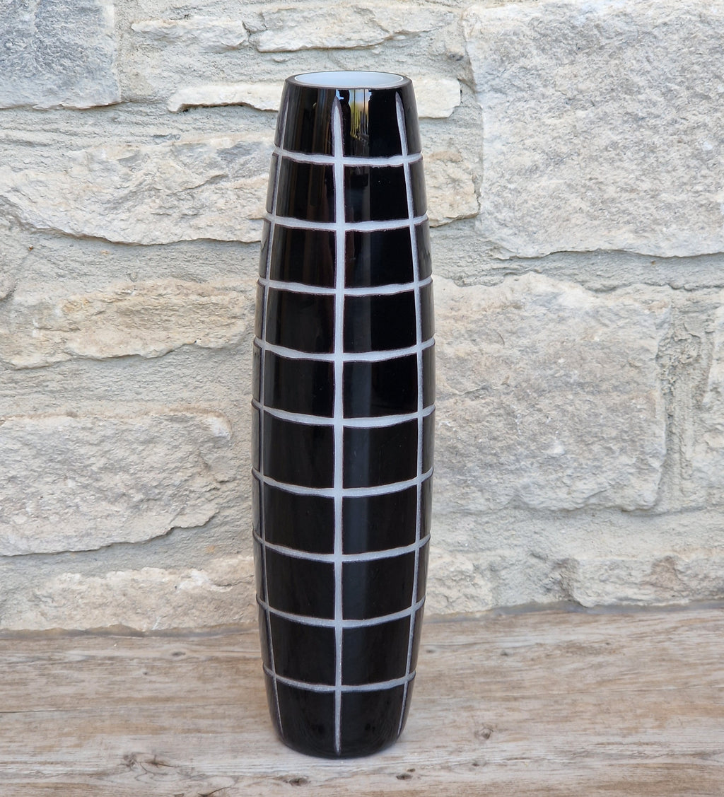 Mid-Century Modern Black & White Cased Cameo Art Glass Tall Geometric Grid Vase