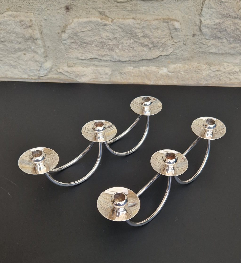 1960's Berg 'Selandia' Danish 3 Branch Minimalist Candelabra Candle Holders x 2
