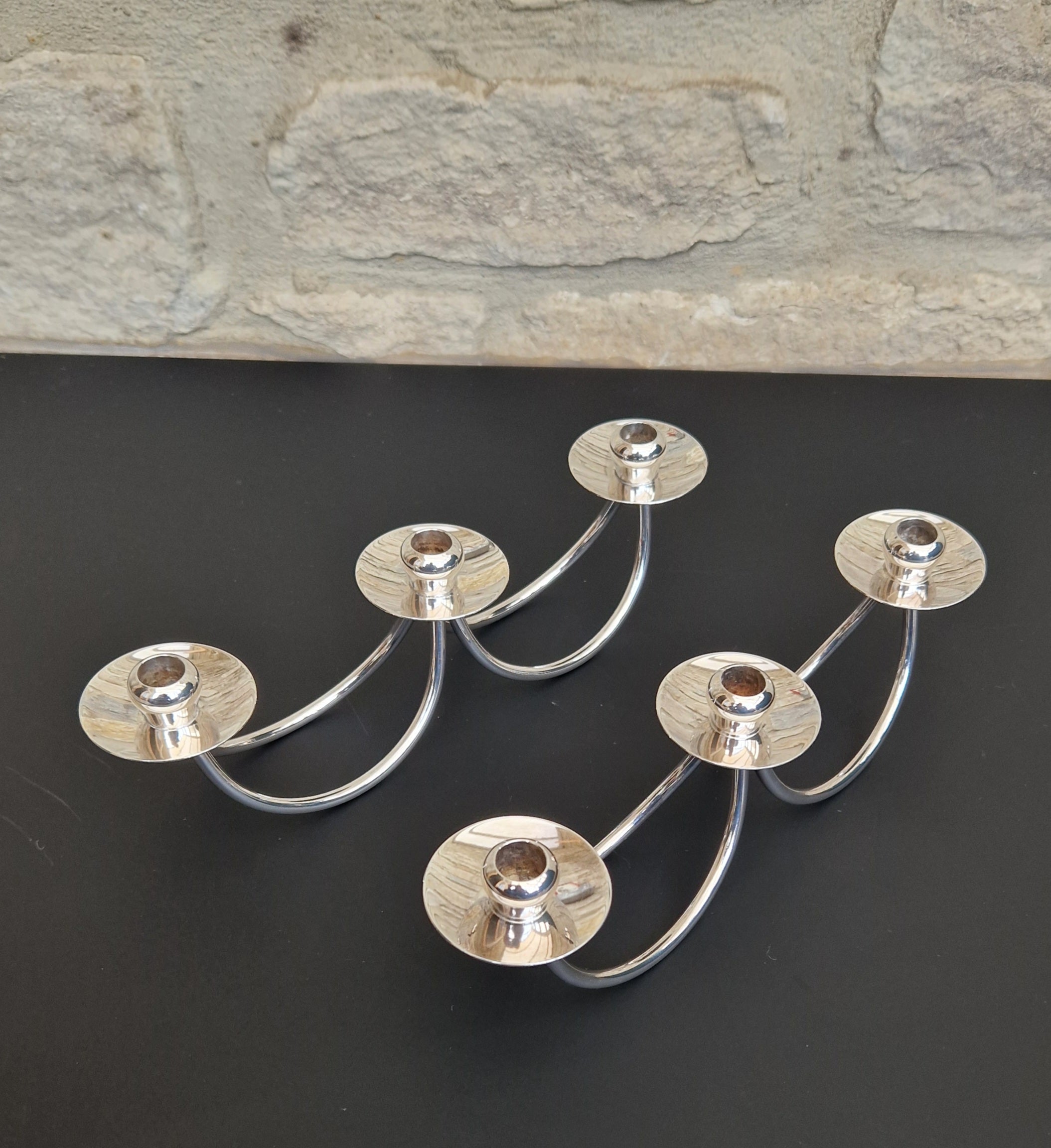 1960's Berg 'Selandia' Danish 3 Branch Minimalist Candelabra Candle Holders x 2