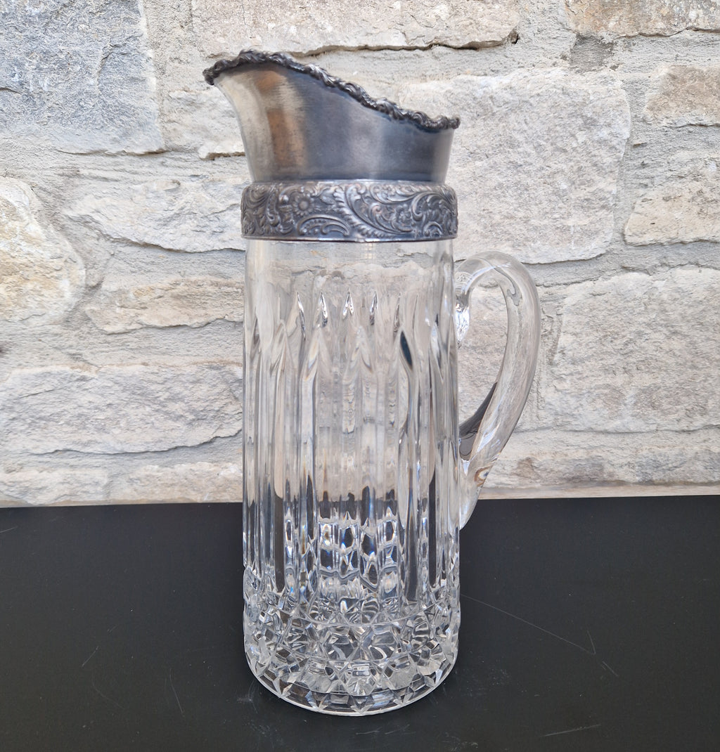 English Heavy Cut Glass & Pewter Water Pitcher Circa 1890 Antique Crystal