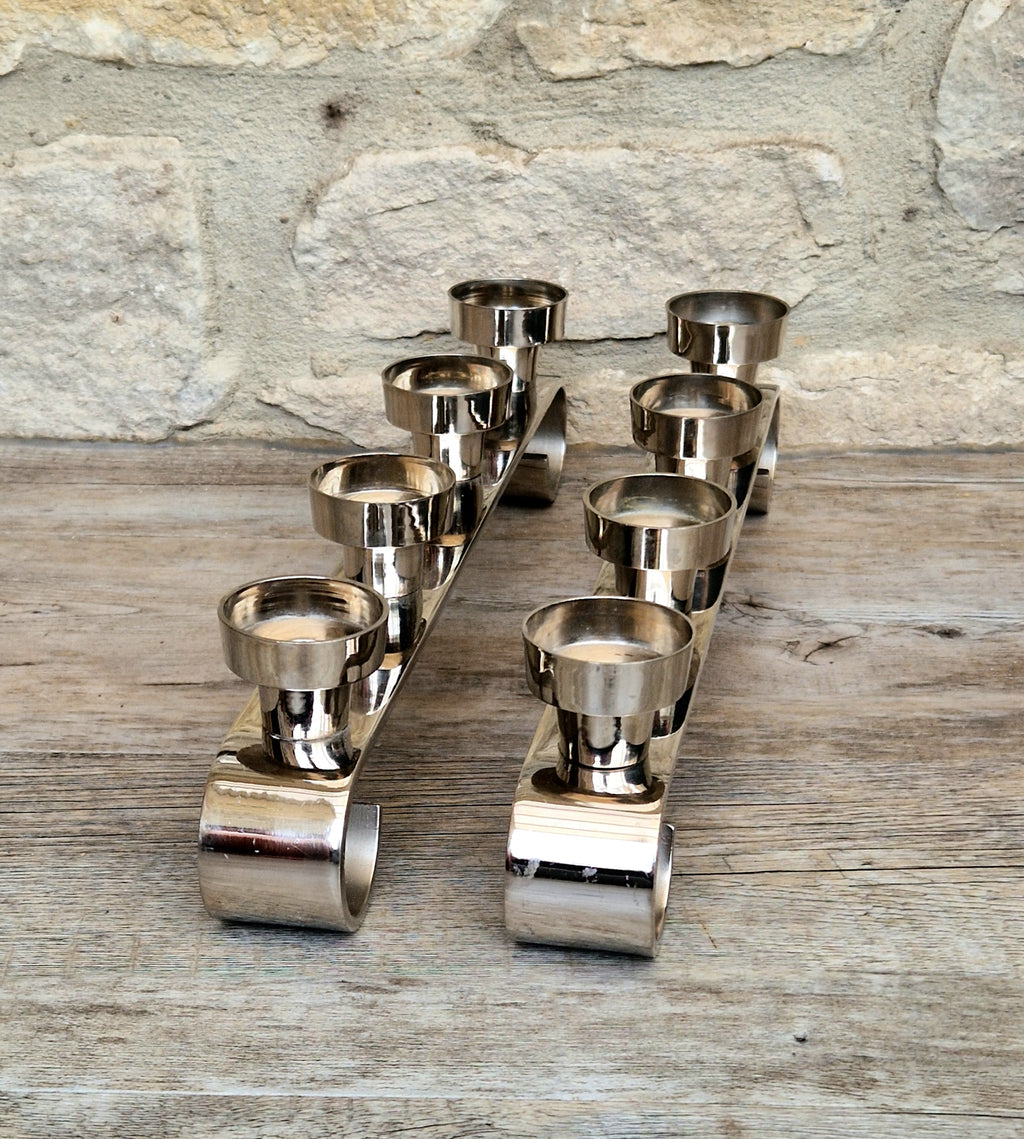 Pair MCM Futurist Chromed Stainless Steel Candle Holders Multi Candelabra Tealight Holders
