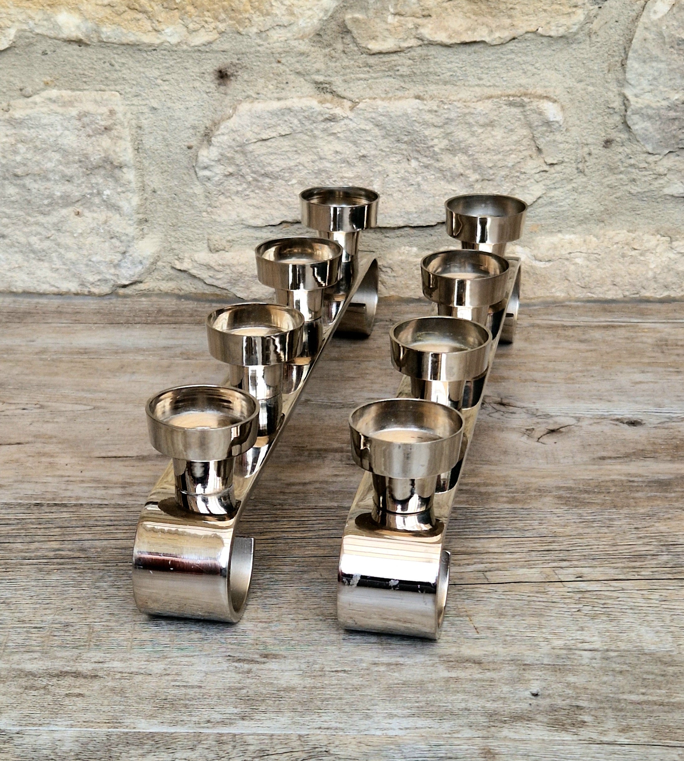 Pair MCM Futurist Chromed Stainless Steel Candle Holders Multi Candelabra Tealight Holders