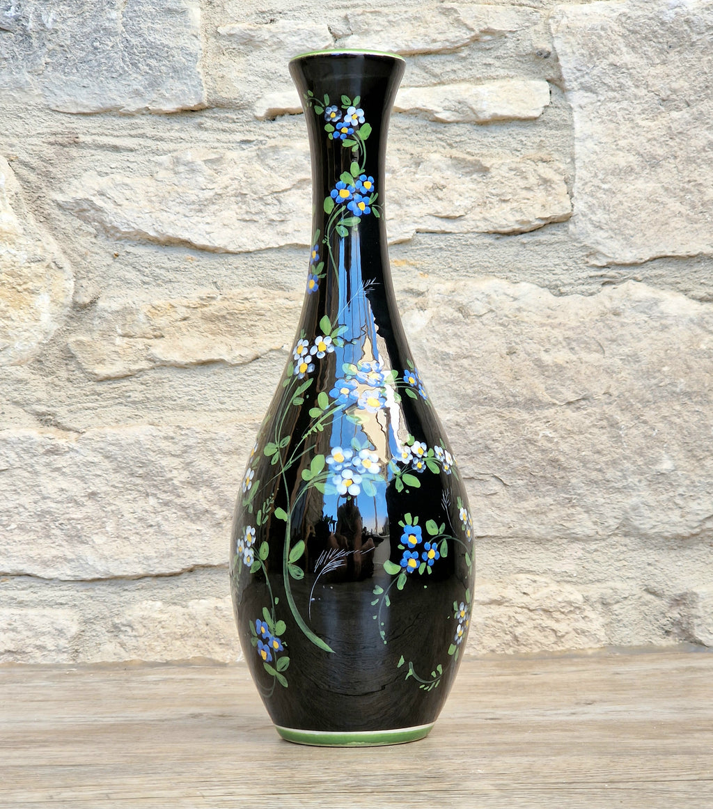 Marmaca San Marino Vase Art Ceramic Black Floral Amphora Tall Bottle Vase 1950's