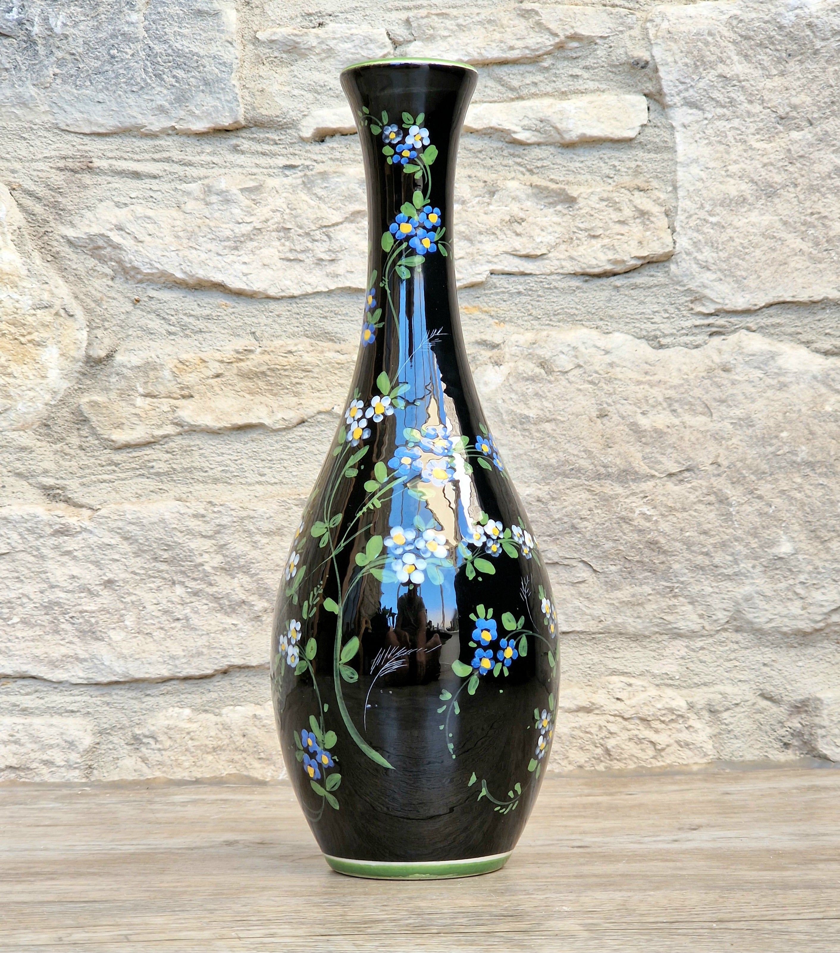 Marmaca San Marino Vase Art Ceramic Black Floral Amphora Tall Bottle Vase 1950's