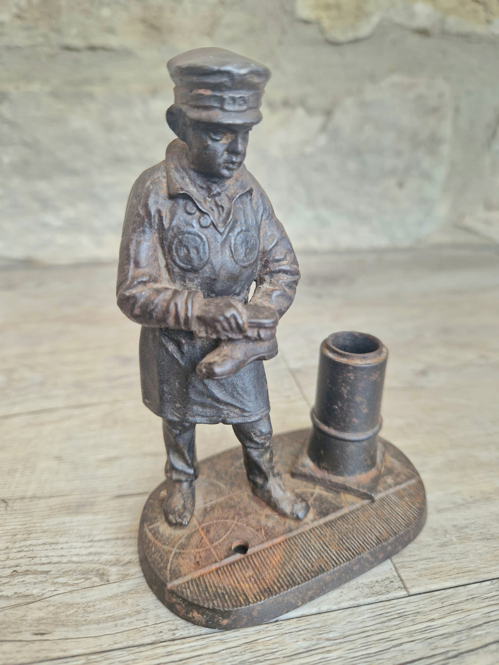 Rare Antique E.G. Zimmermann Hanau Cast Iron Shoeshine Boy Figural Table Match Holder & Striker