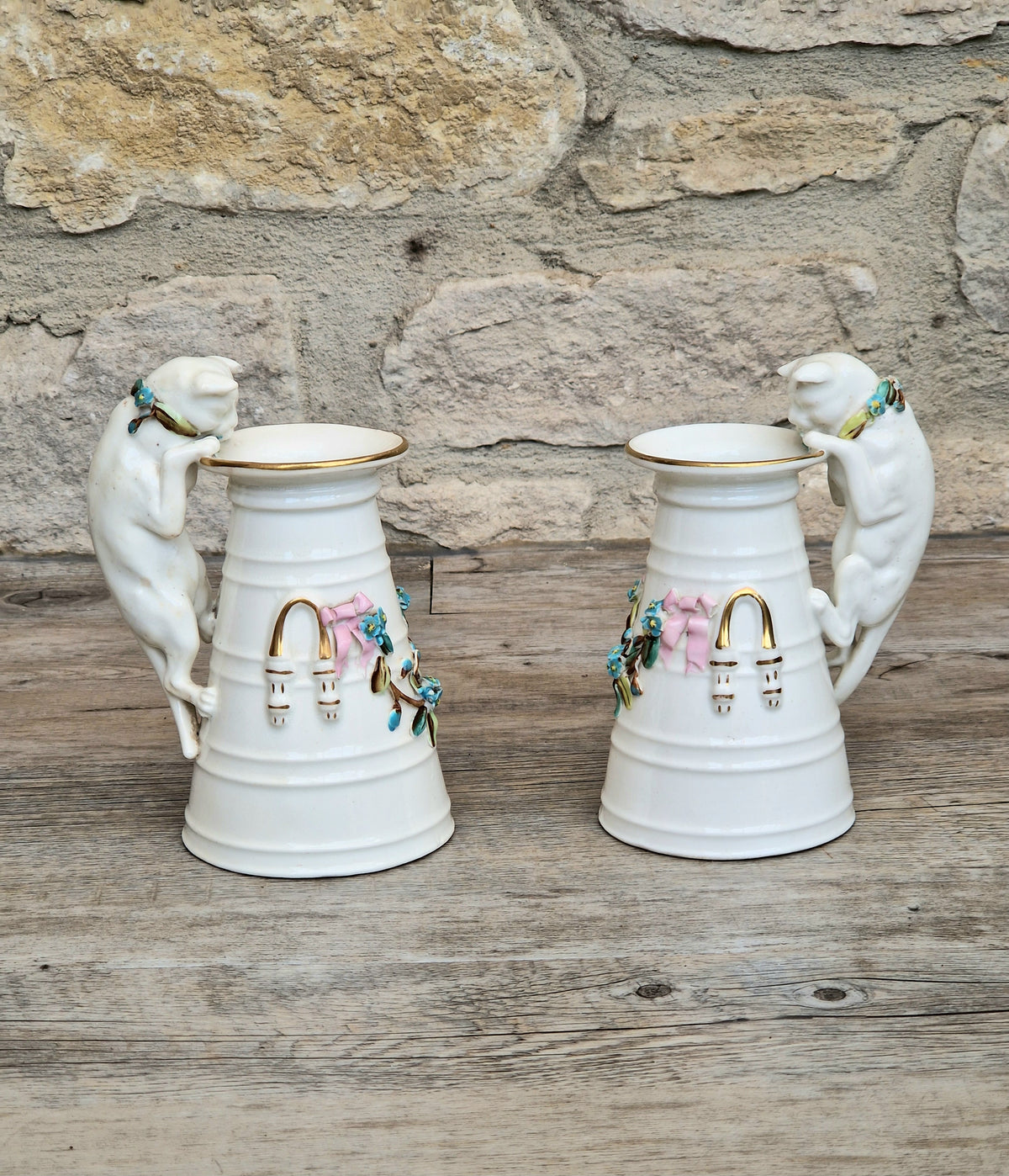 Antique Copeland Porcelain Cat Cream Churn Vases Pair Floral Applied Flowers Gilt 19th Century