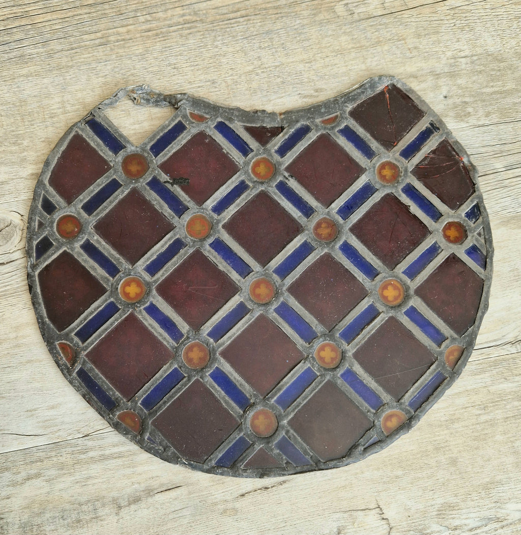 Rare Antique Early 19th Century French Gothic Revival Stained Glass Roundel Panel - Medieval Style Diaper Pattern