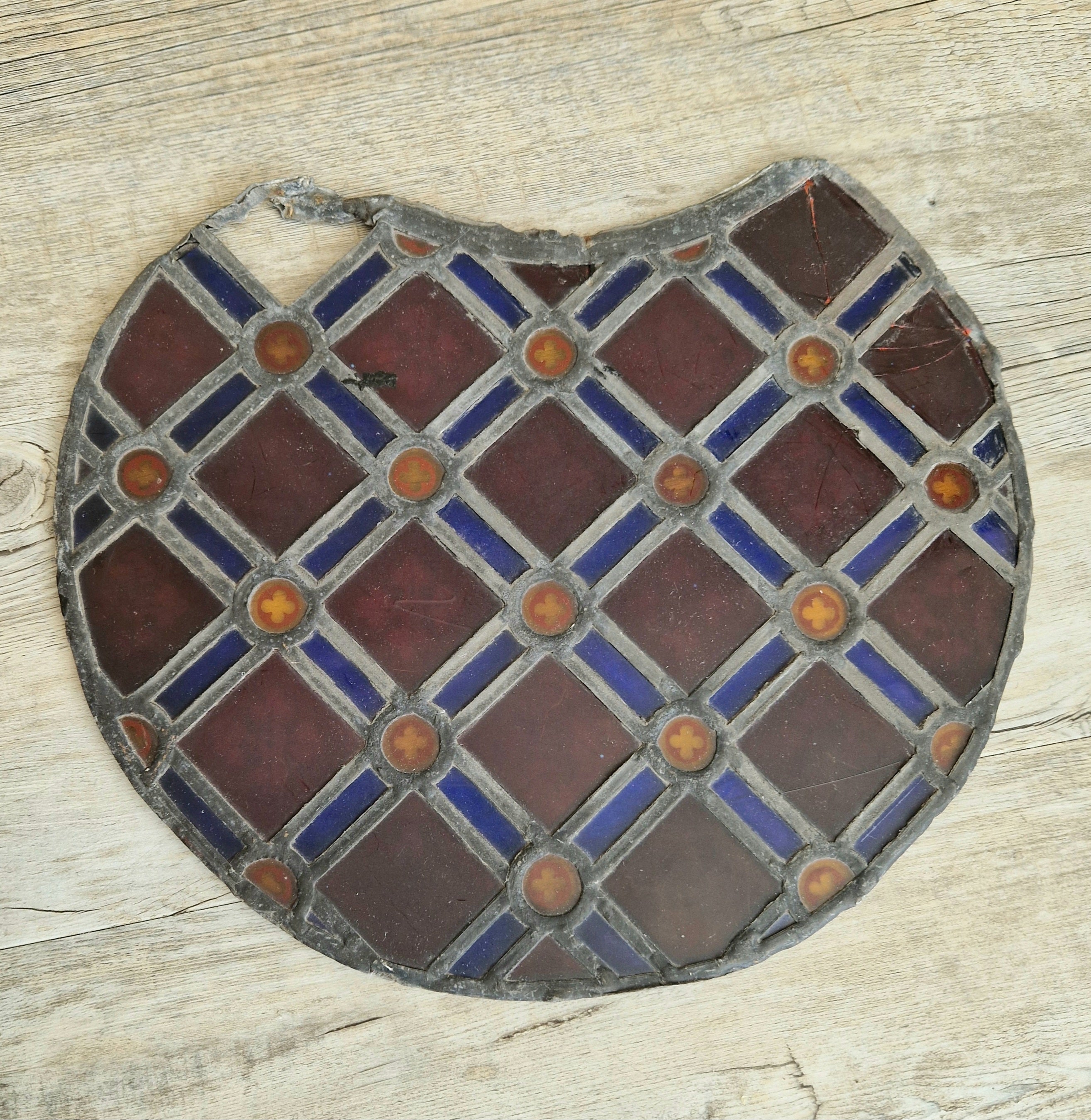 Rare Antique Early 19th Century French Gothic Revival Stained Glass Roundel Panel - Medieval Style Diaper Pattern