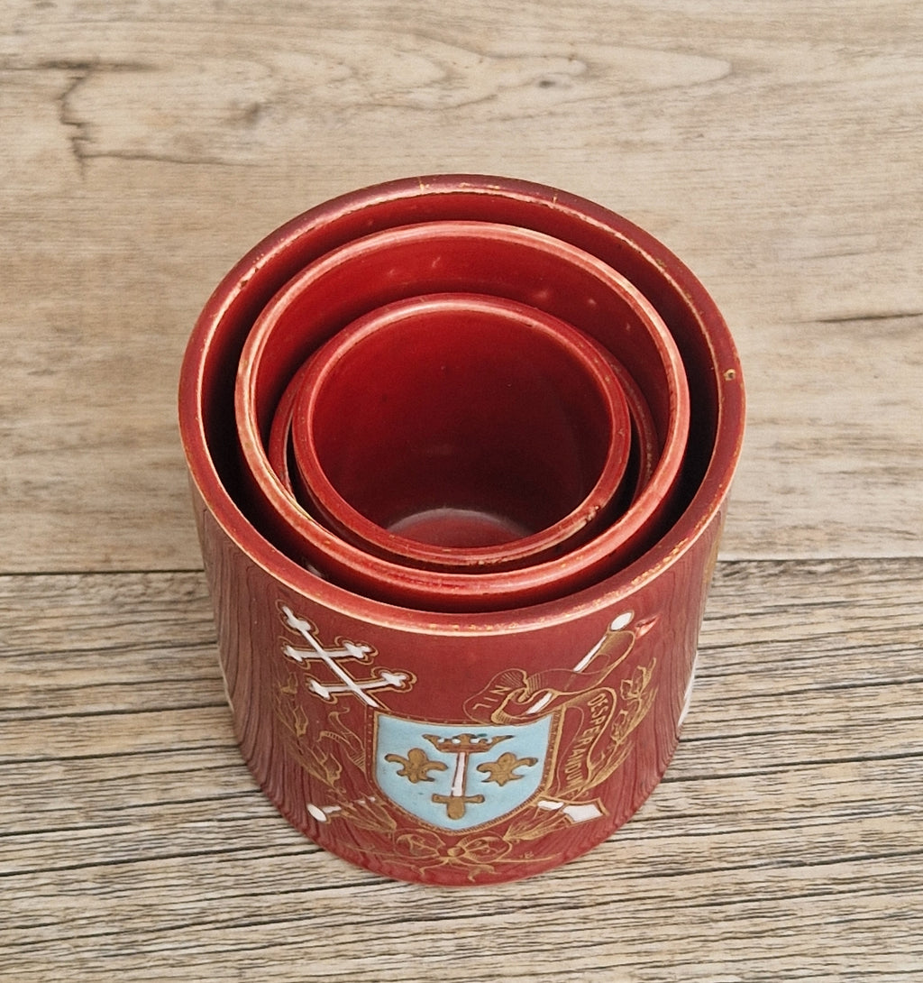 Rare Antique French Lunéville Ceramic Nesting Beakers, Keller & Guérin, Lorraine Heraldry, Nil Desperandum, c.1890 Set