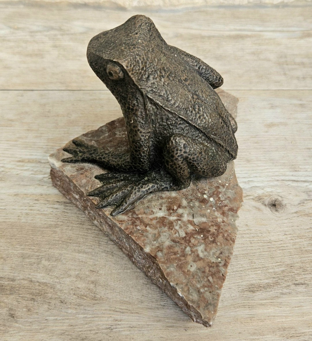Vintage Metal Toad Figure On Granite Stone Plinth