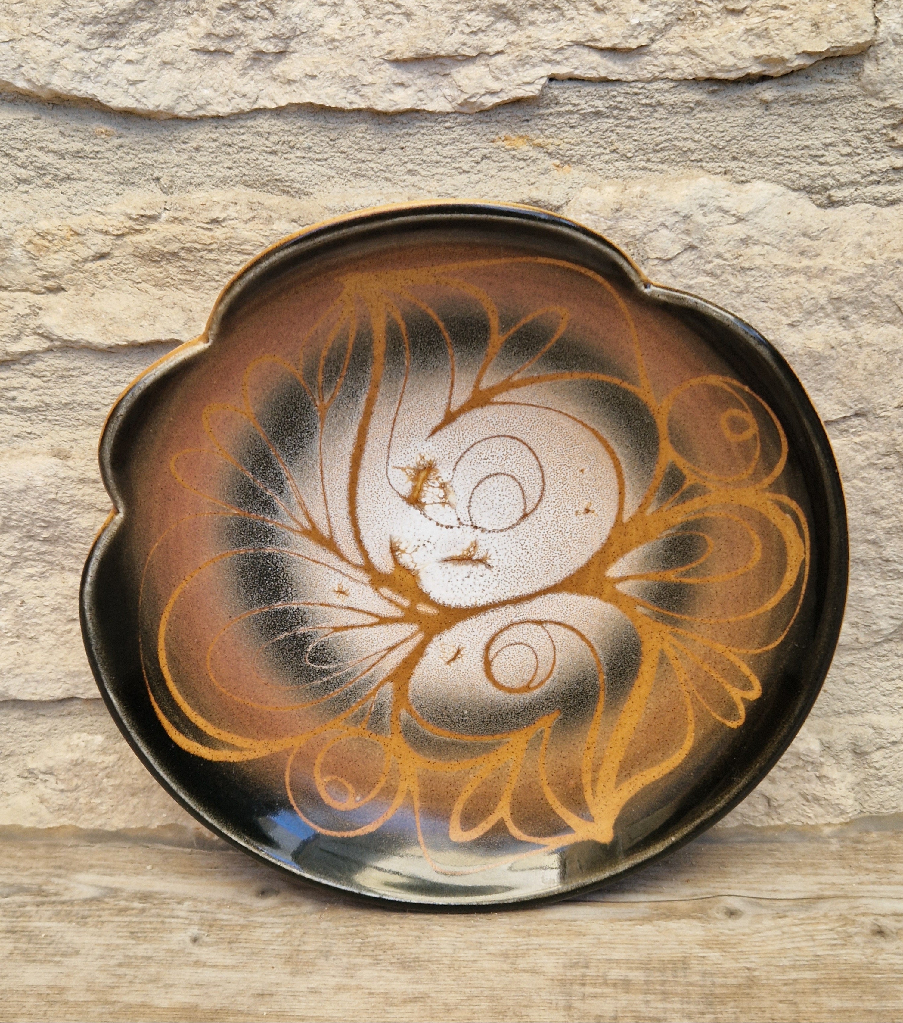 Poole Pottery Aegean "Sweetheart" Fluted Bowl Hand-Painted Stylized Butterfly Motif by Janet Brown Signed 1970s