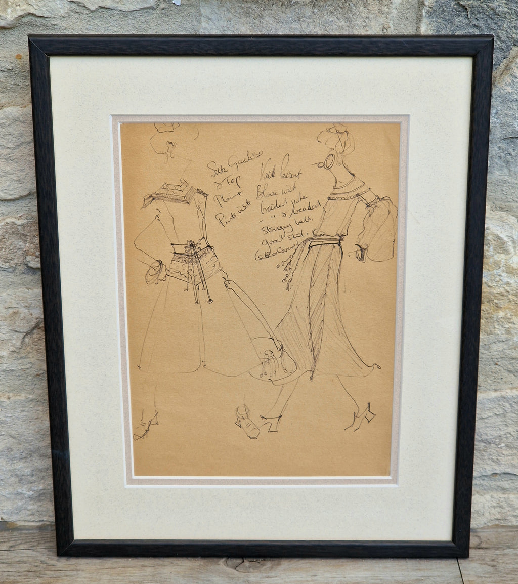 1970s Couture Fashion Drawings Double Framed Sketches Original Bill Gibb Style