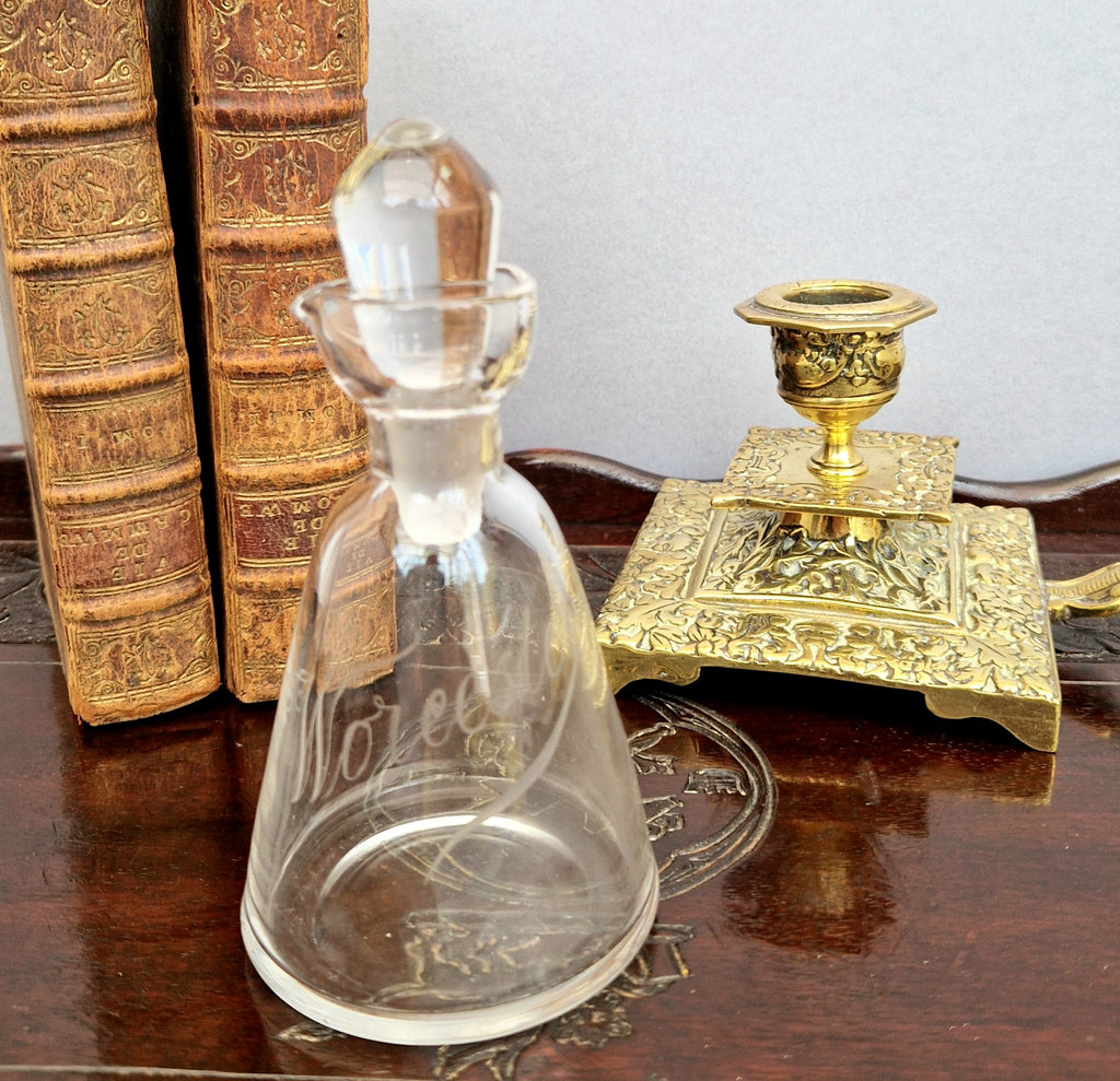 Antique Engraved Glass Worcester Condiment Bottle c.19th Century Fine Copper Wheel Engraving  Glass Stopper English
