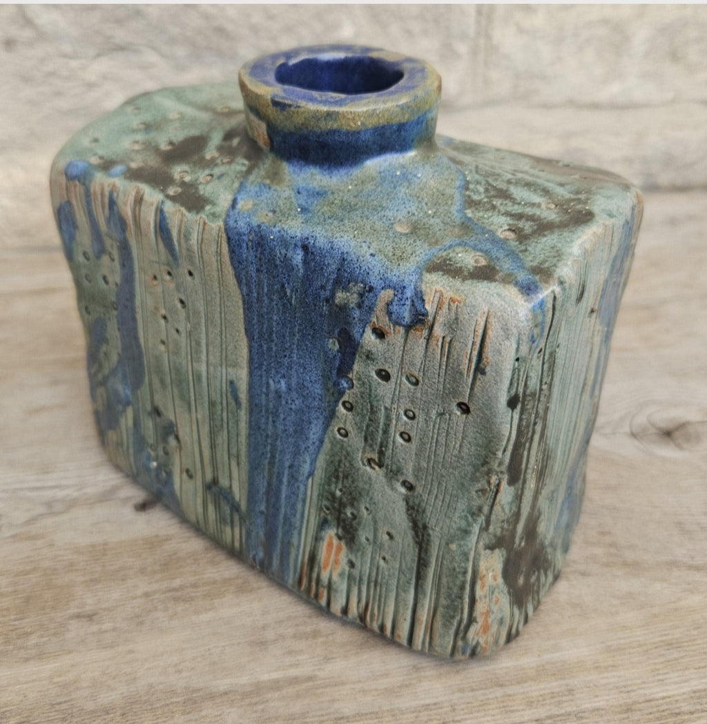 Mcm Vase Dripware Ceramic Blue Decorative Stoneware Berachah Pottery Devon England 14cm X 14cm