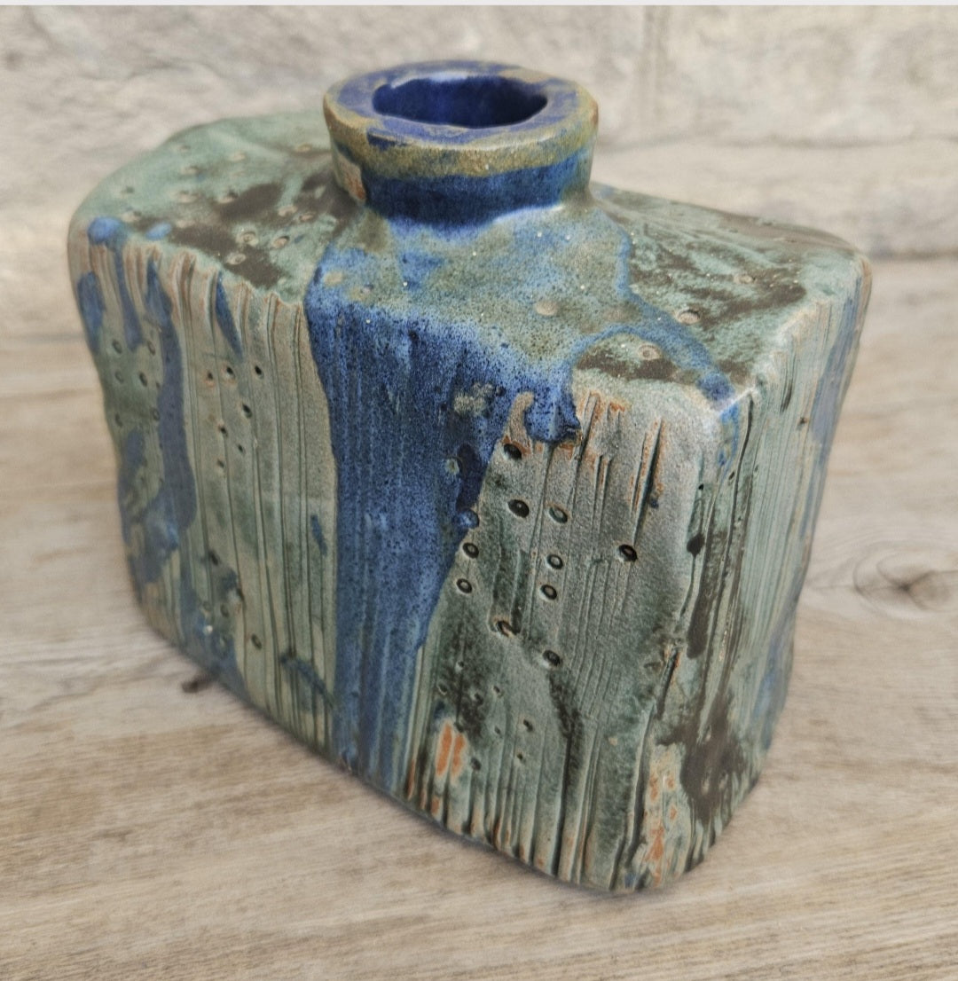 Mcm Vase Dripware Ceramic Blue Decorative Stoneware Berachah Pottery Devon England 14cm X 14cm