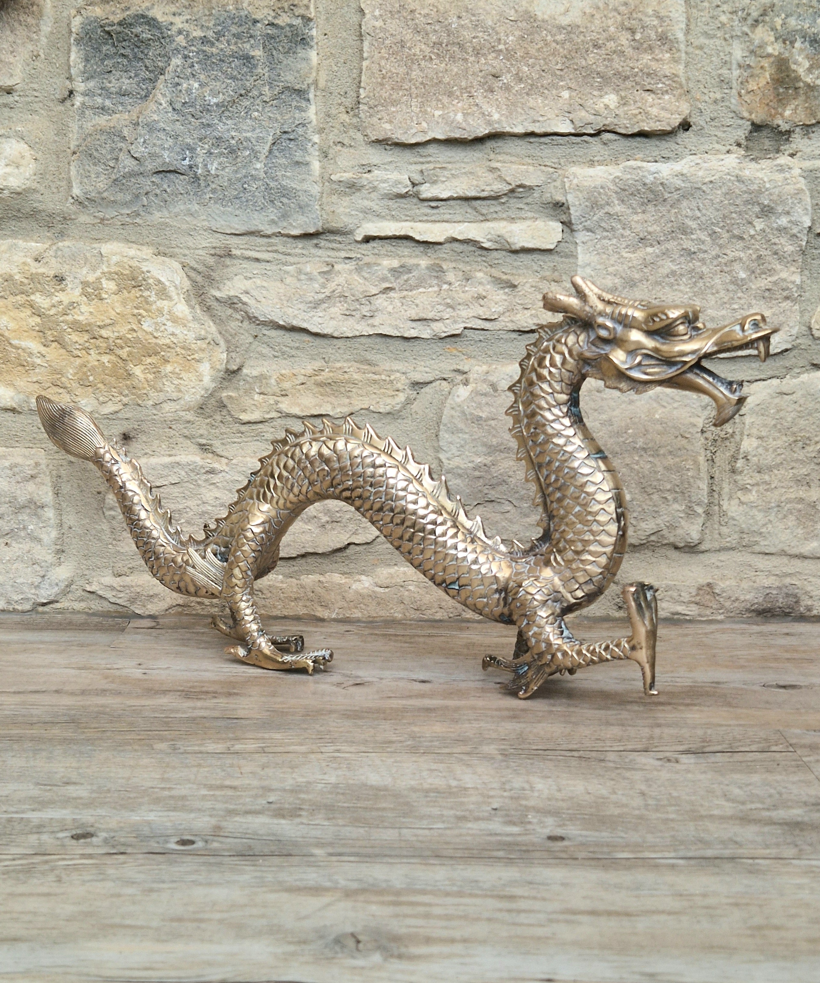 Mid Century High Quality Large Sand-Cast Brass Heavy Chinese Mythical Dragon Figure 51cm