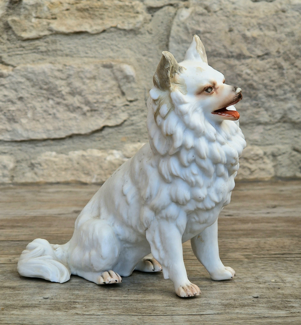 Antique Heubach Bisque Sitting Panting Spitz Dog: German Figure, Circa 1864-1880