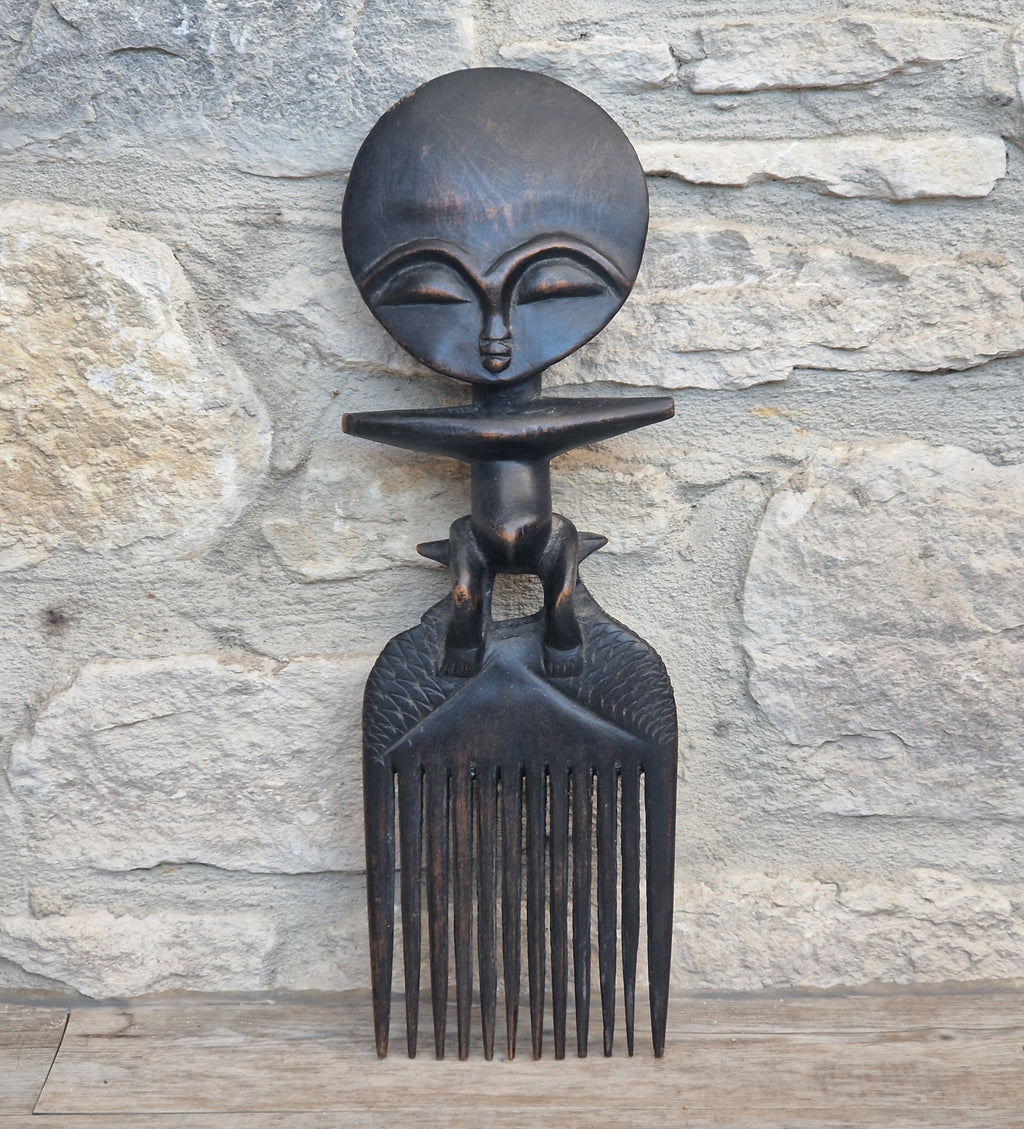 Vintage 31cm Ashanti Wooden Comb Duafe Hand Carved African Tribal Art Ghana Akuaba Doll