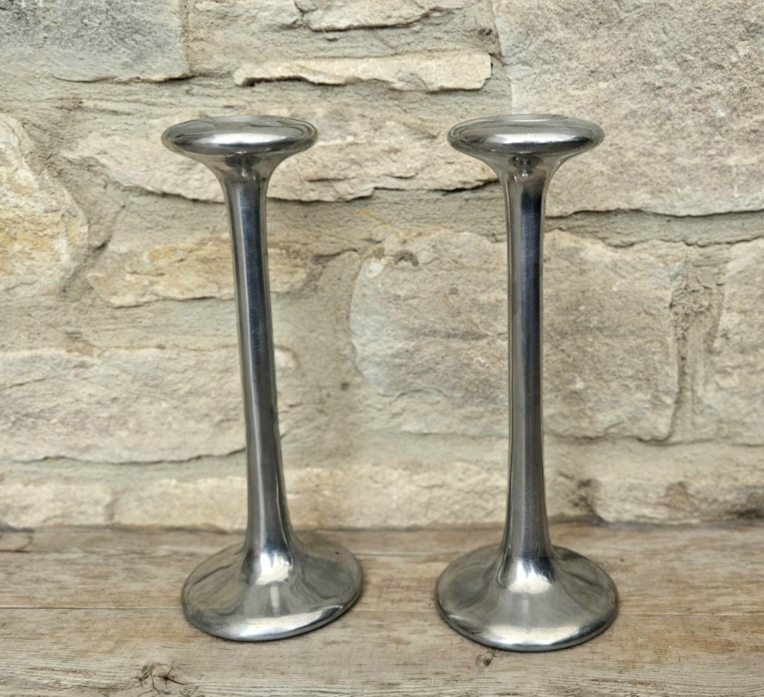 Pair Of Vintage Aluminium Tall Candlesticks 1990's Ikea Kagla Metal By Carl Ojerstam 25cm Tall