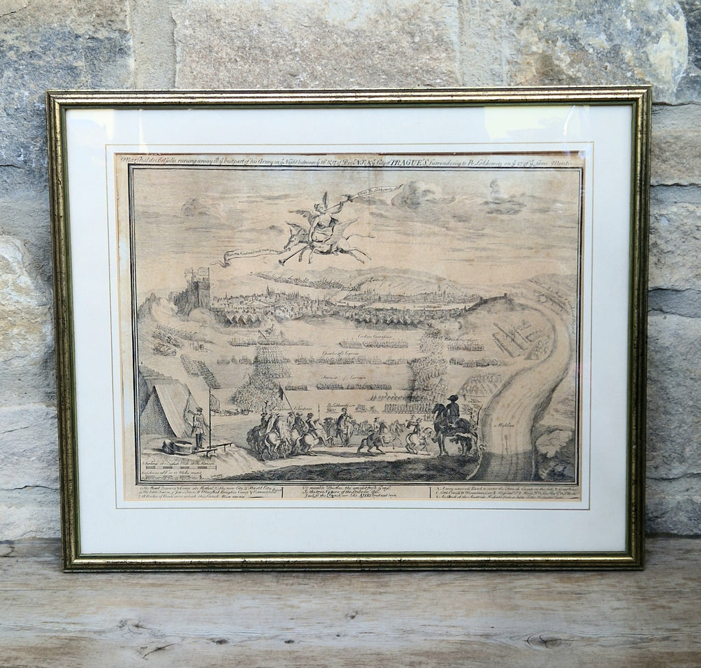 1742 Prague Siege Antique Copperplate Engraving John Bickham Military Battle Map Satire Print Framed
