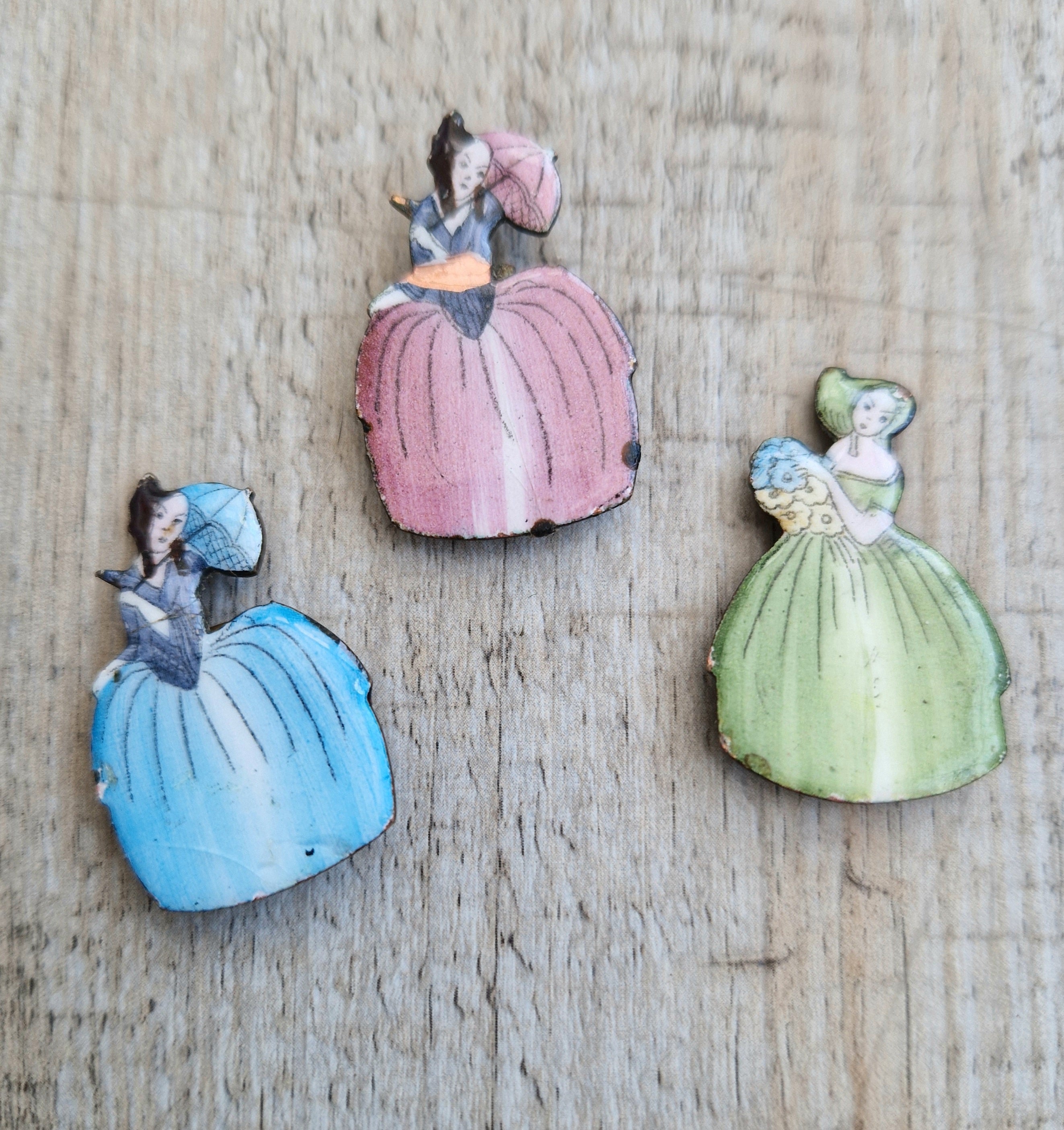 3 x Antique Art Deco Enamelled Brass Ladies Name Place Menu Holder Clips