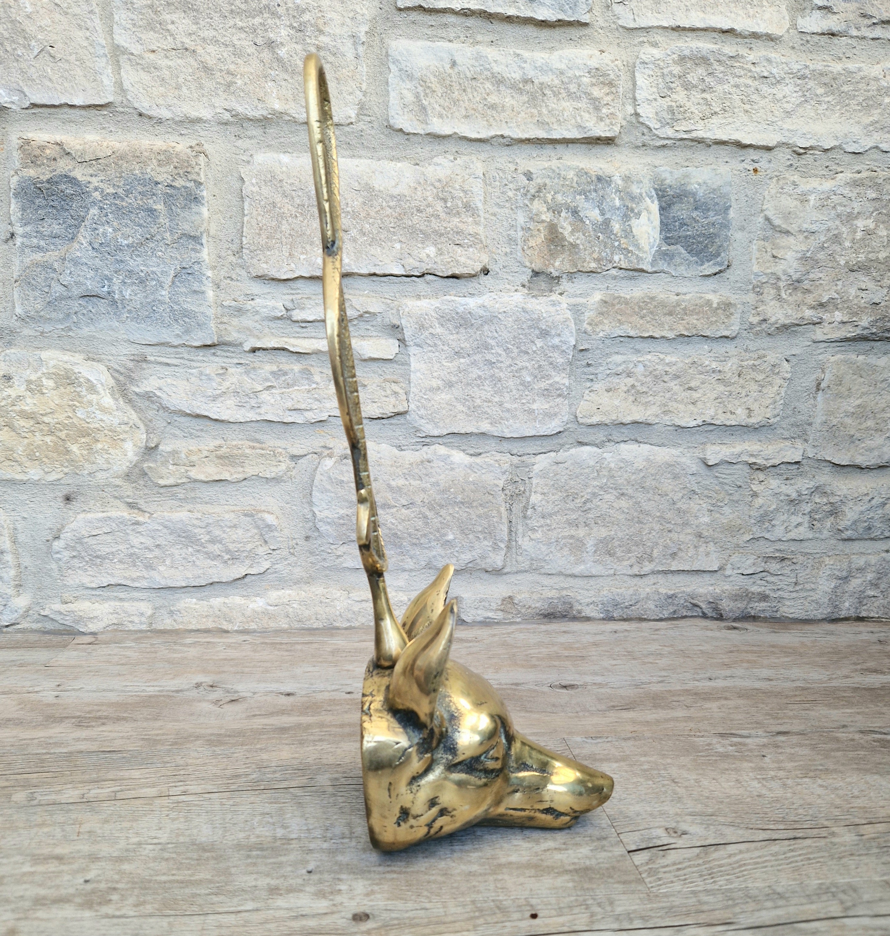 Antique Cast Brass Fox Head Door Porter Door Stop 19th C.