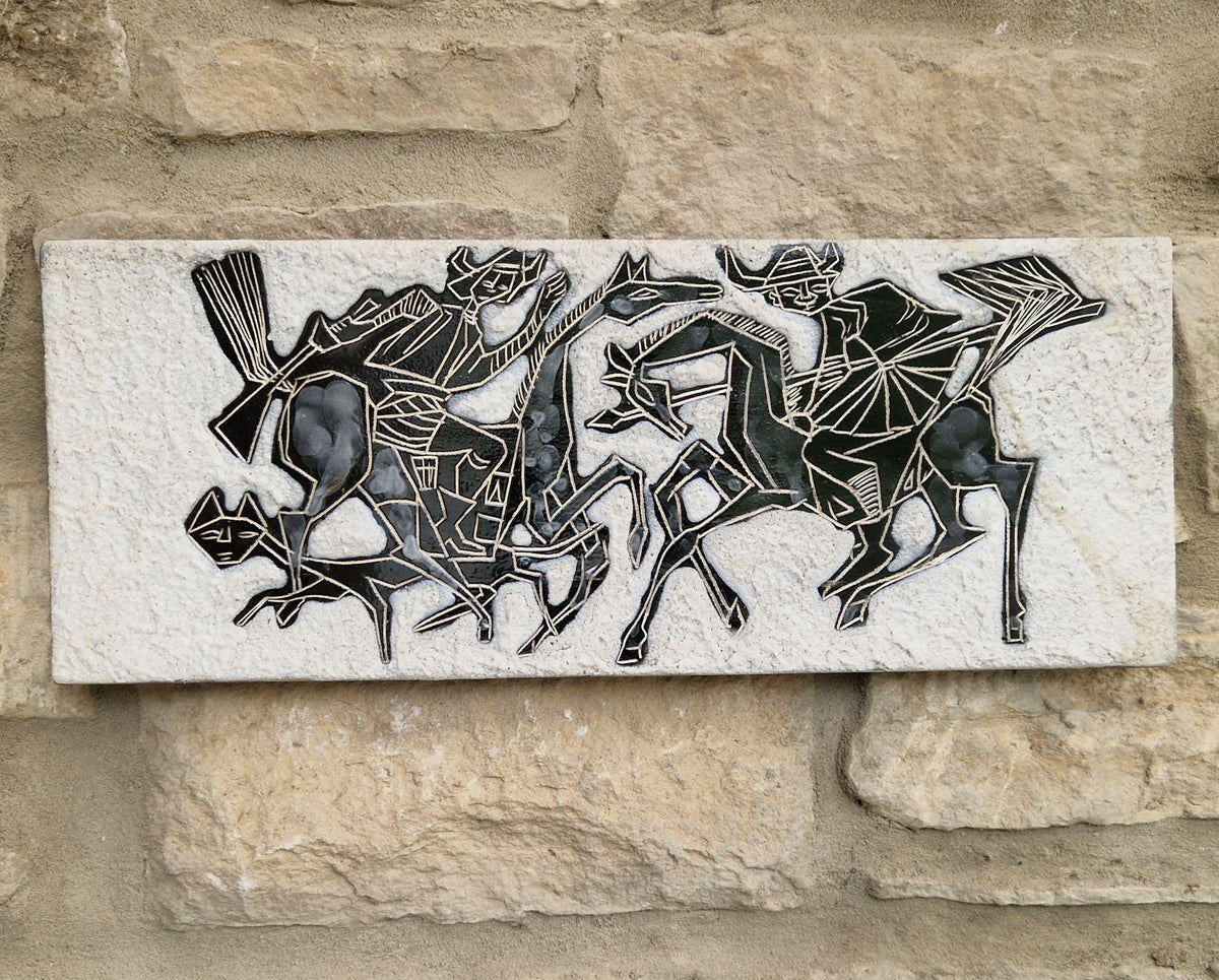 Mid-Century Italian Ceramic Art Plaque Warriors On Horseback Glazed Textured Art