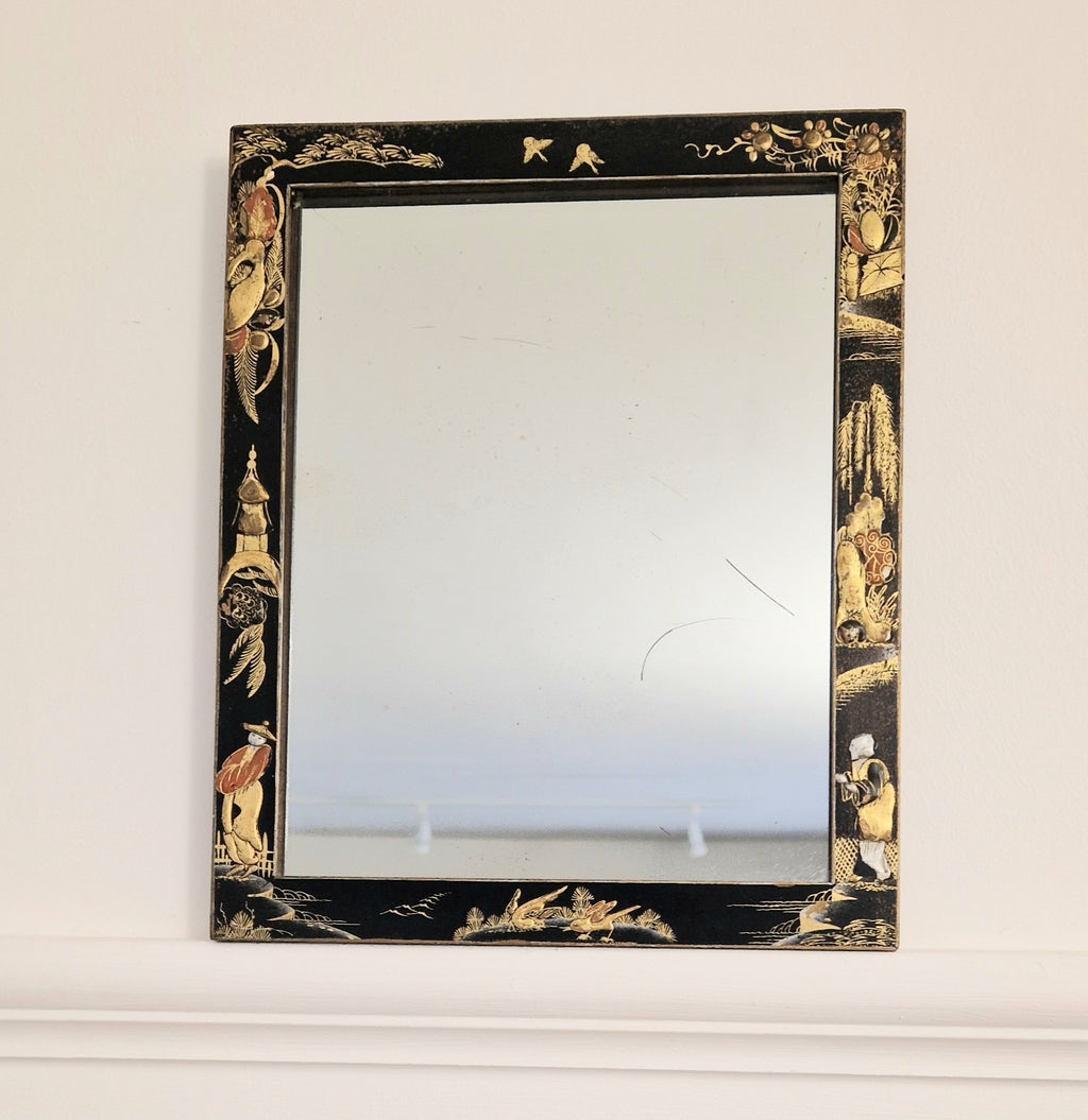 Antique Edwardian Chinoserie Black & Gilt Japanned Rectangular Wall Mirror