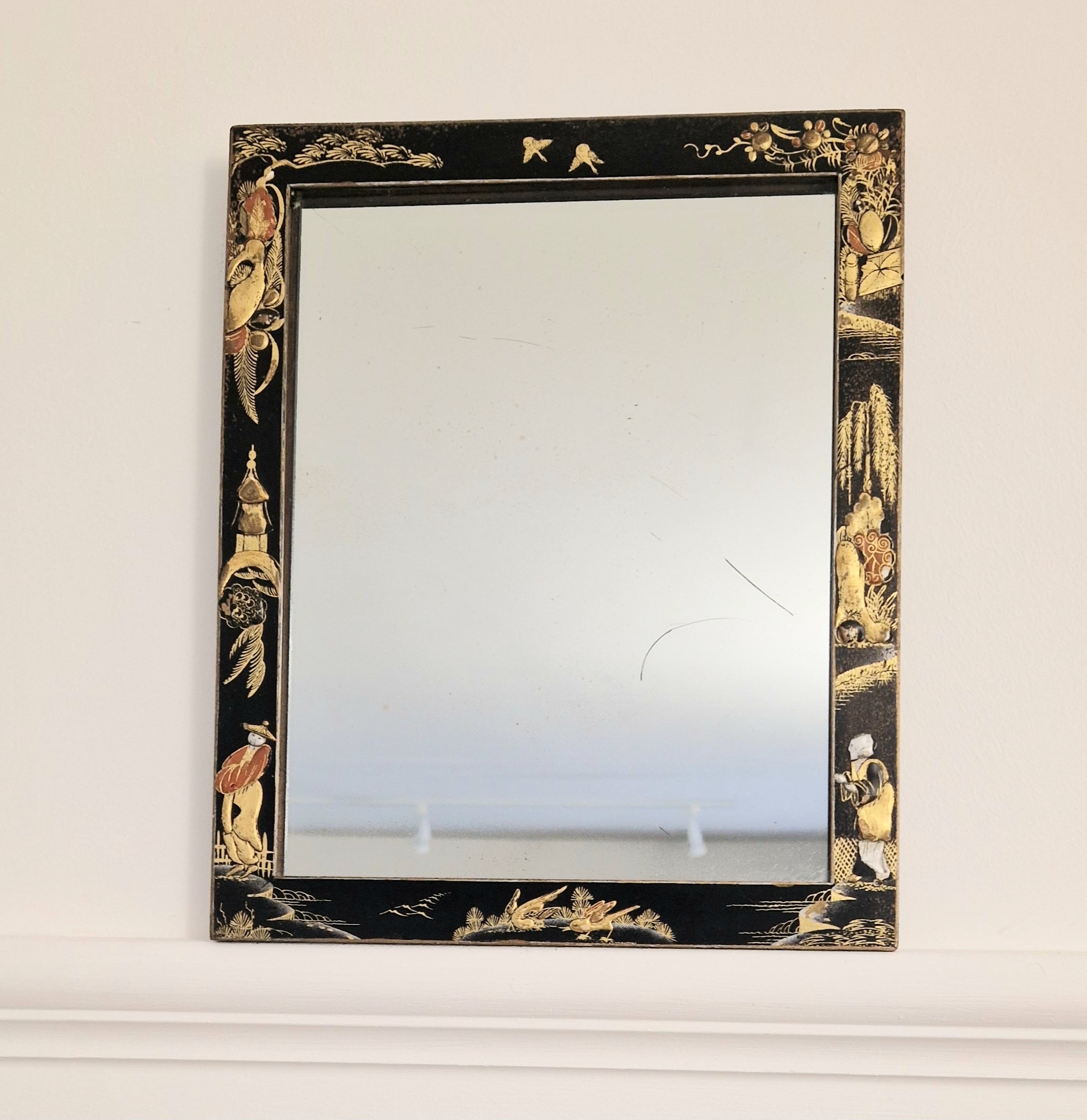 Antique Edwardian Chinoserie Black & Gilt Japanned Rectangular Wall Mirror