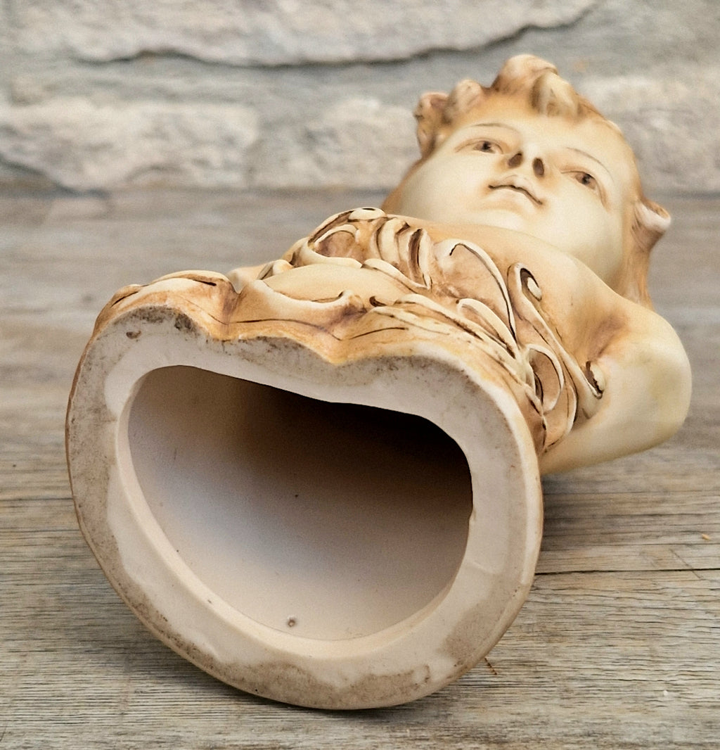 Antique NeoClassical Continental Patinated Bisque Porcelain Putti Boy Bust Figure Ornament