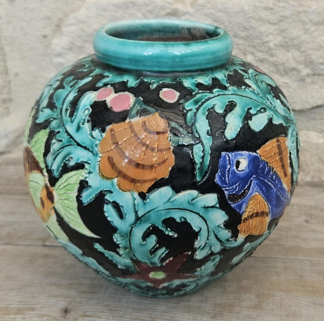 Midcentury Fish Art Vase Colourful Cerart Monaco Marine Decor 12cm Tall
