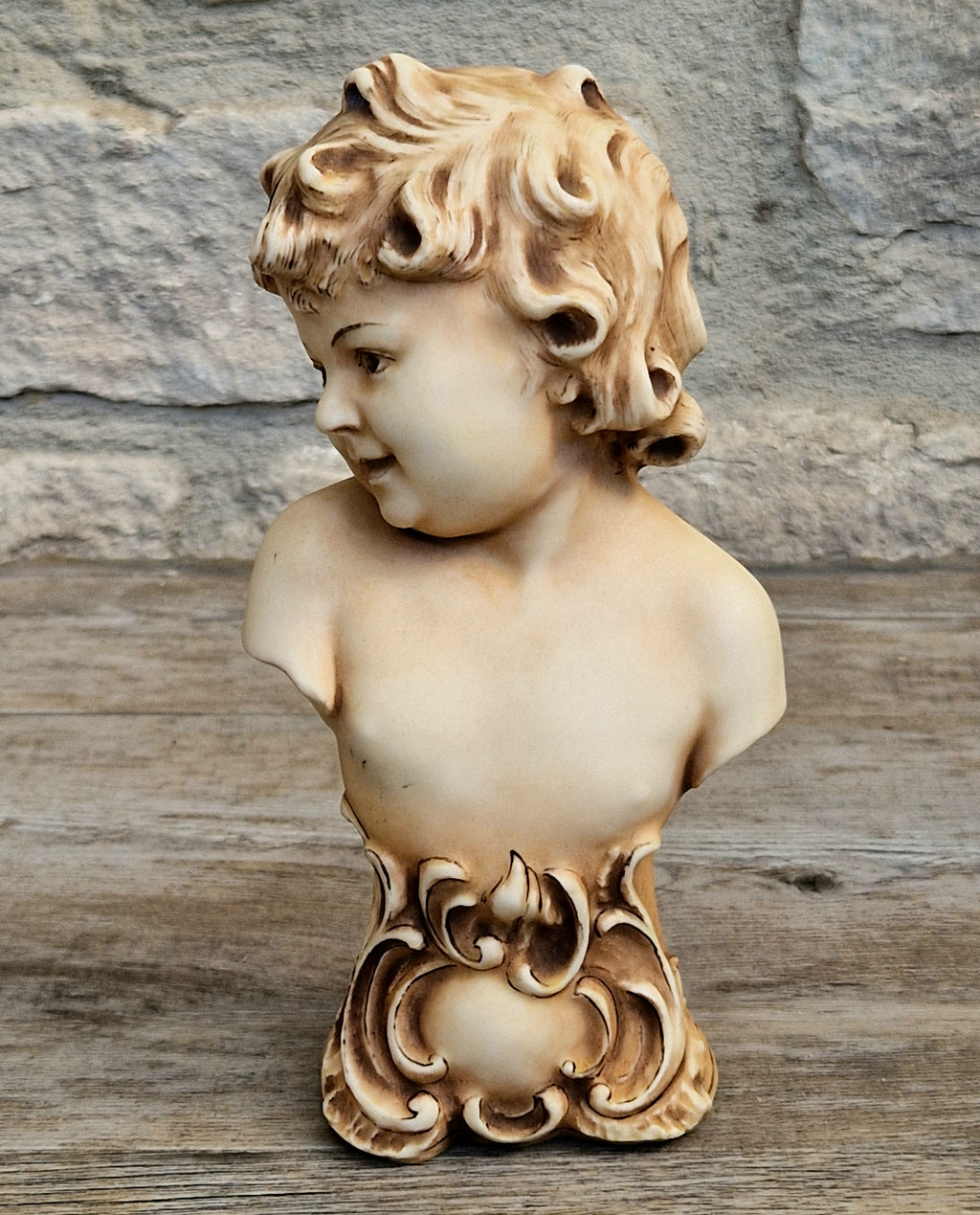 Antique NeoClassical Continental Patinated Bisque Porcelain Putti Child Bust Figure Ornament