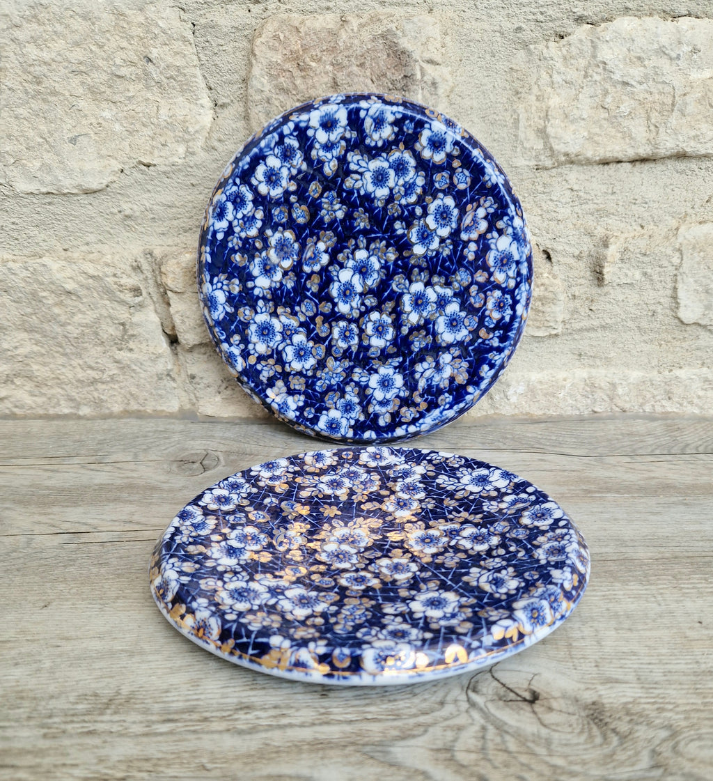 Pair of Rare Antique Trivets Gilt Blue & White Hawthorn Pattern Round Stoneware Trivets 17cm
