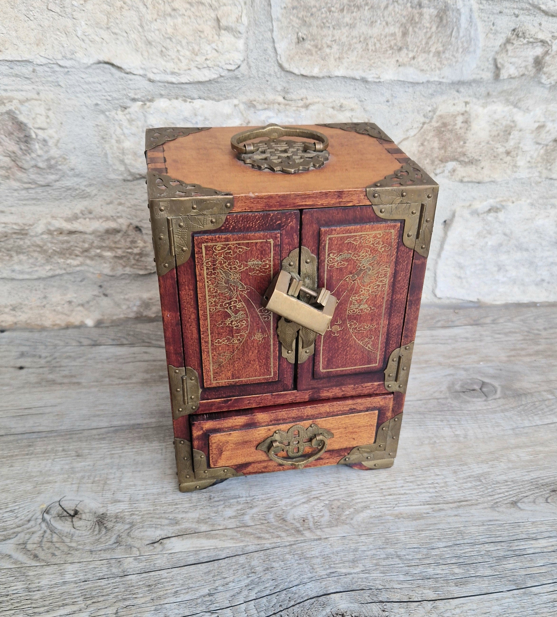 Vintage Hardwood Brass Bound Oriental Hand-Painted Chinoiserie Dragons Footed Jewellery Box Chest 1940s