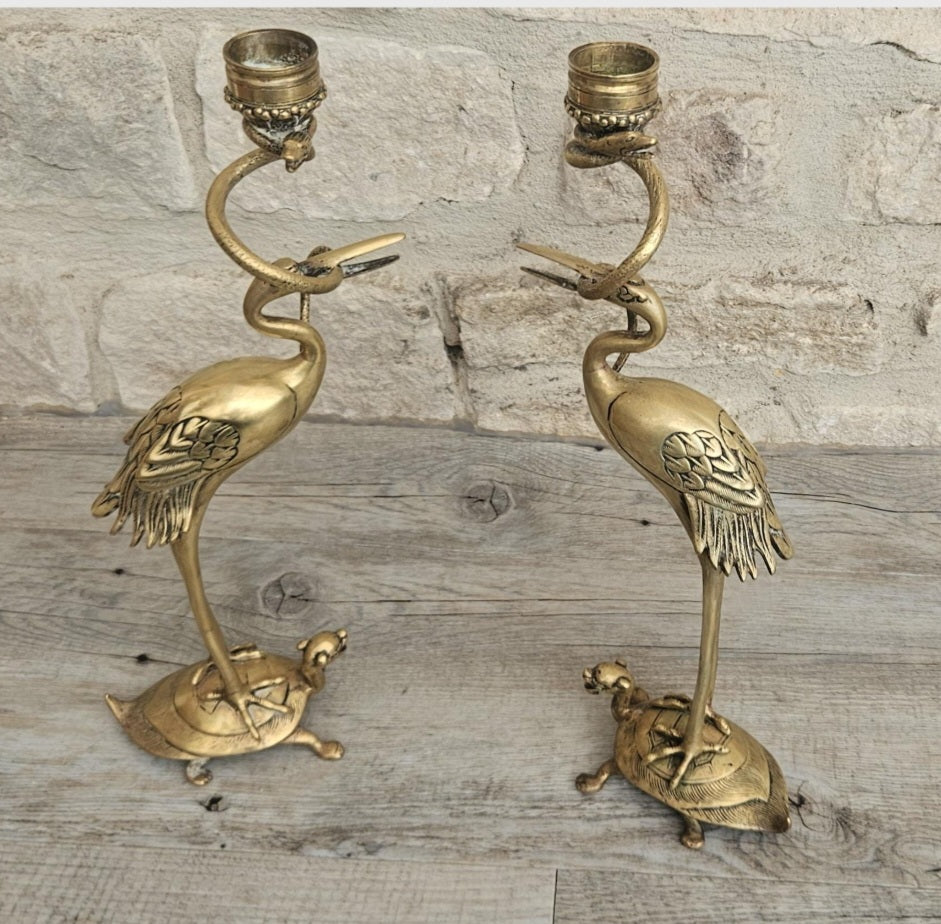 Pair of Antique Candlesticks Japanese Brass Crane Standing On Turtle With Snake Buddhist Early 20th C.