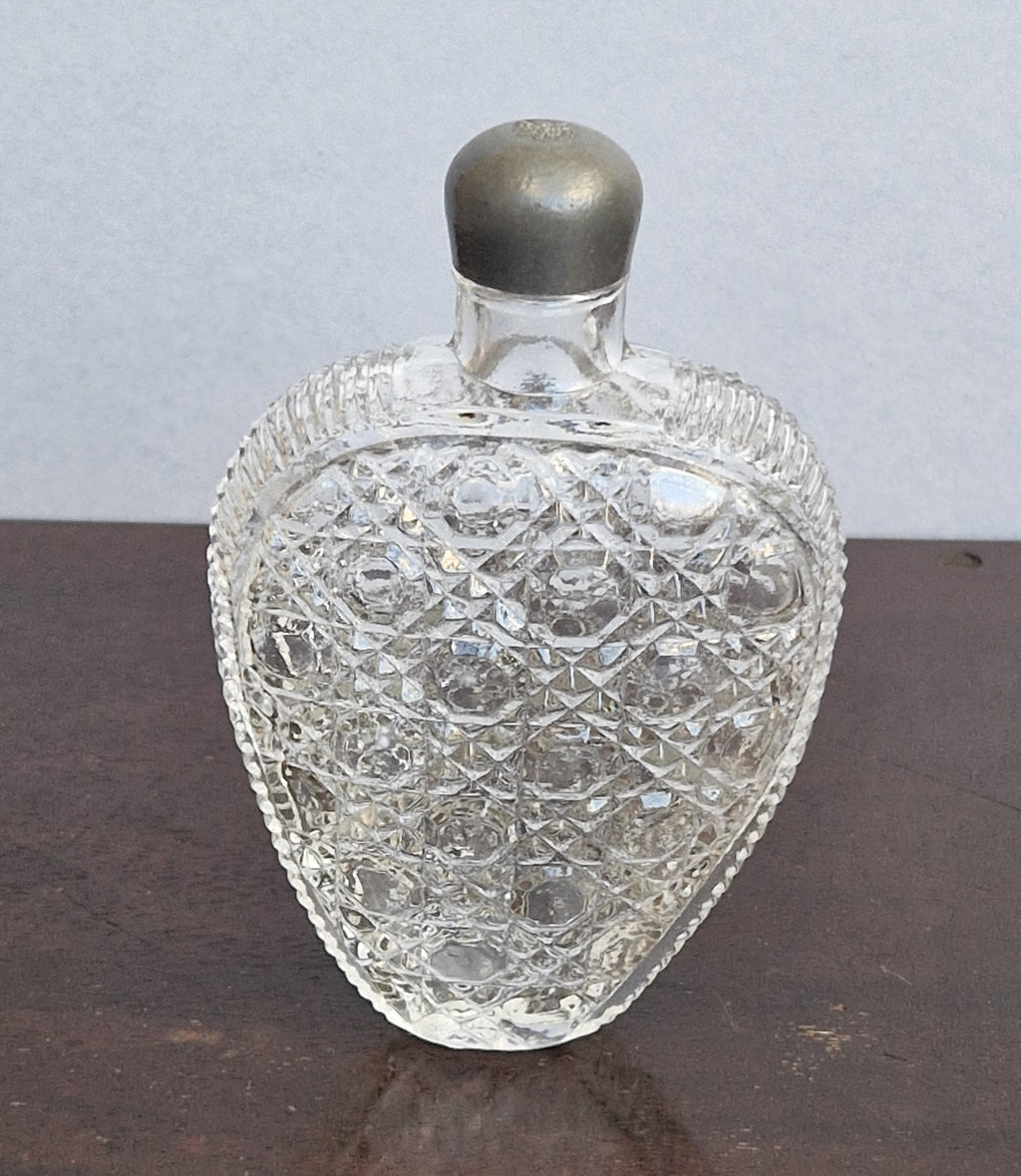 Antique Victorian Pressed Glass Heart Perfume Bottle Pocket Scent Flask Original Cap