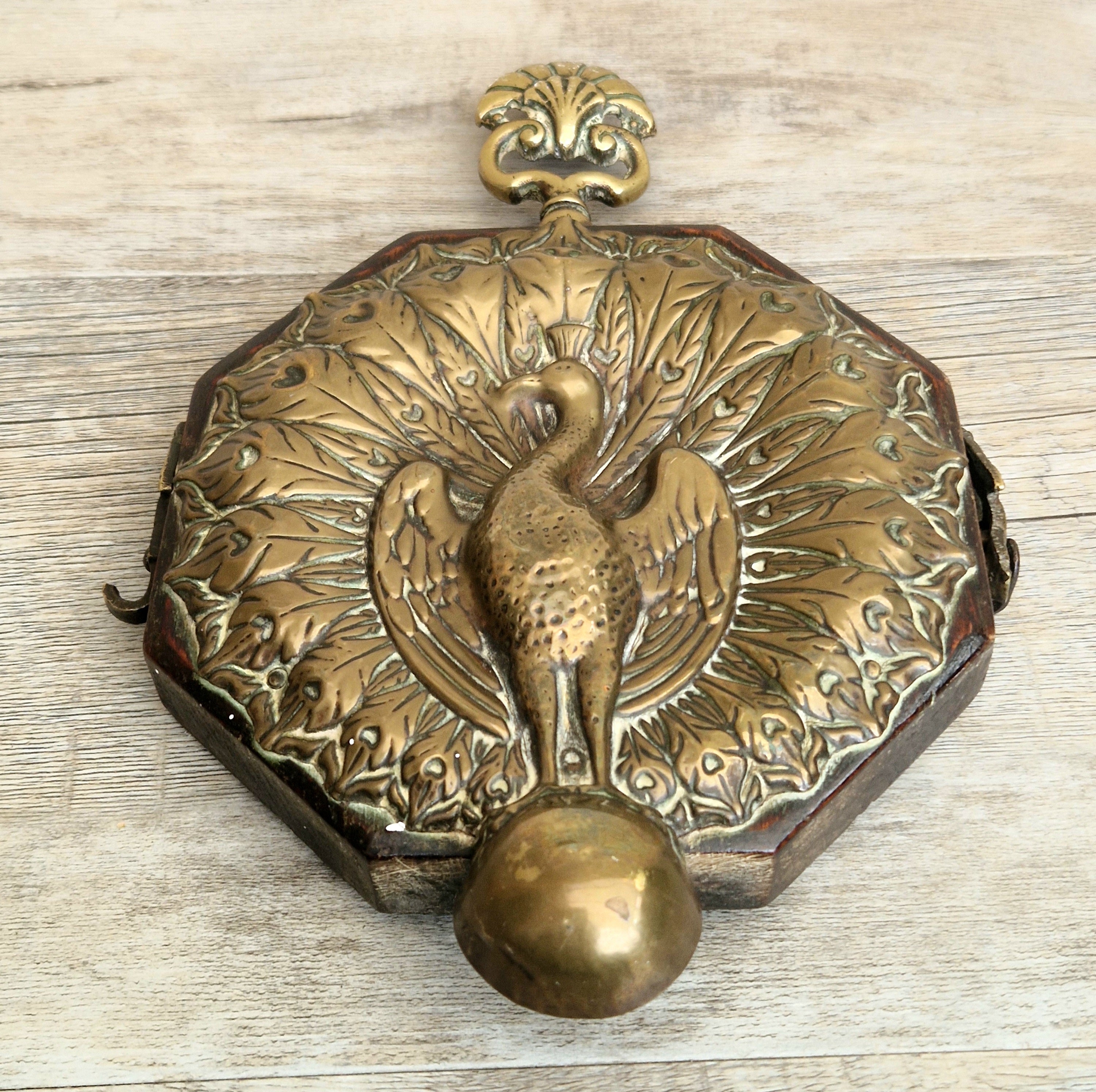 Fine Rare Antique Repousse Brass Peacock Finial English Aesthetic Movement Fumed Oak Decorative Plaque