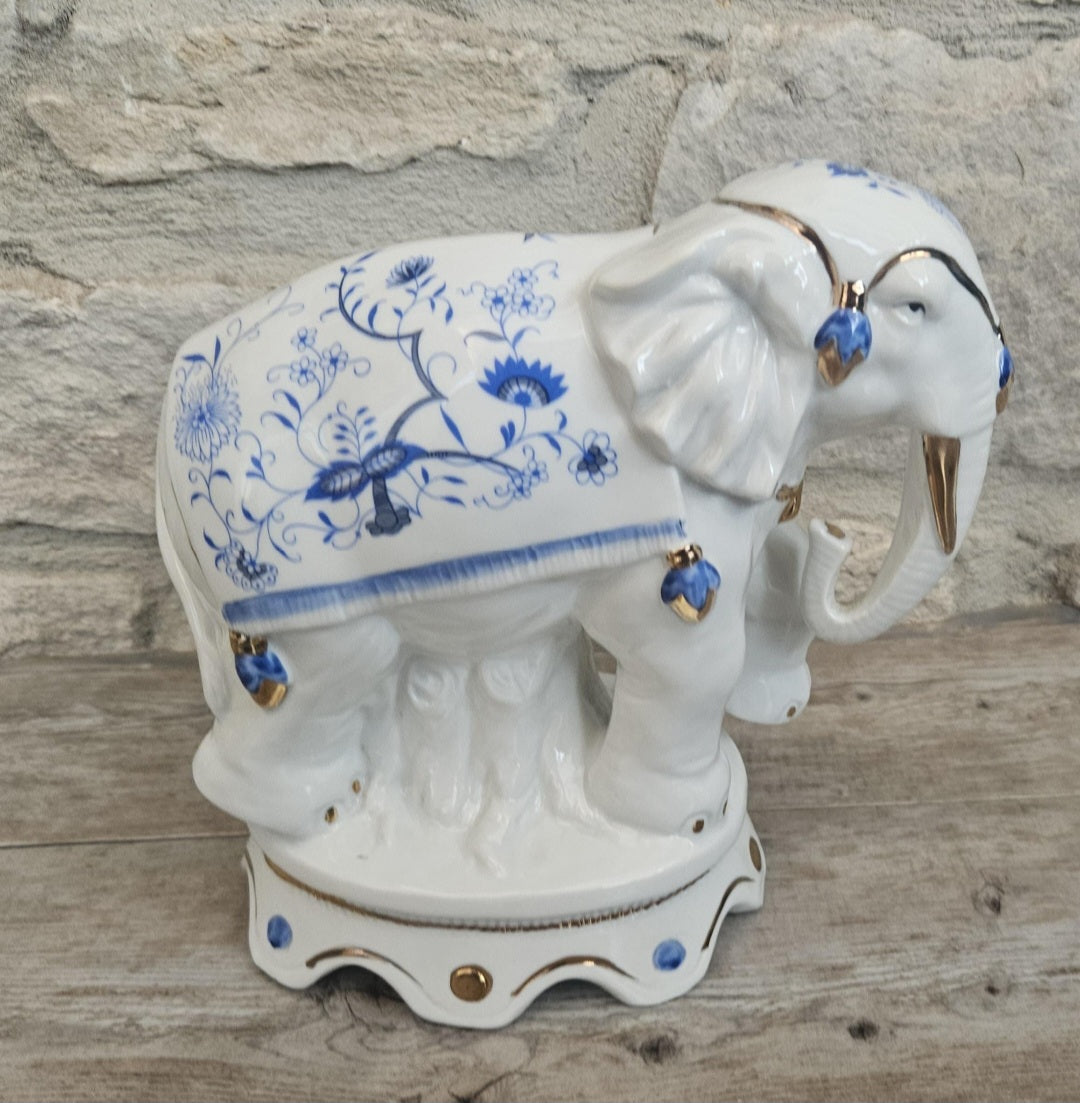 Vintage Elephant Figurine Porcelain Gold Accents Blue & White Floral Pattern Ceramic 7" Tall