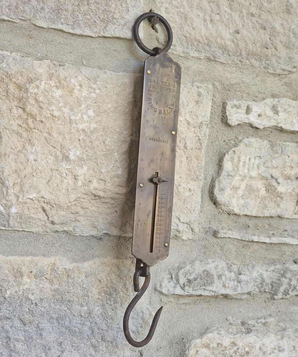 Antique Salter Improved Brass Spring Balance Scale Hanging Pocket Scales 32.5cm Working