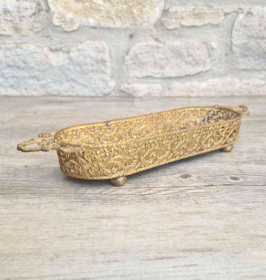 Antique Brass Filligree Rococo Style Desk Pen Tray Holder