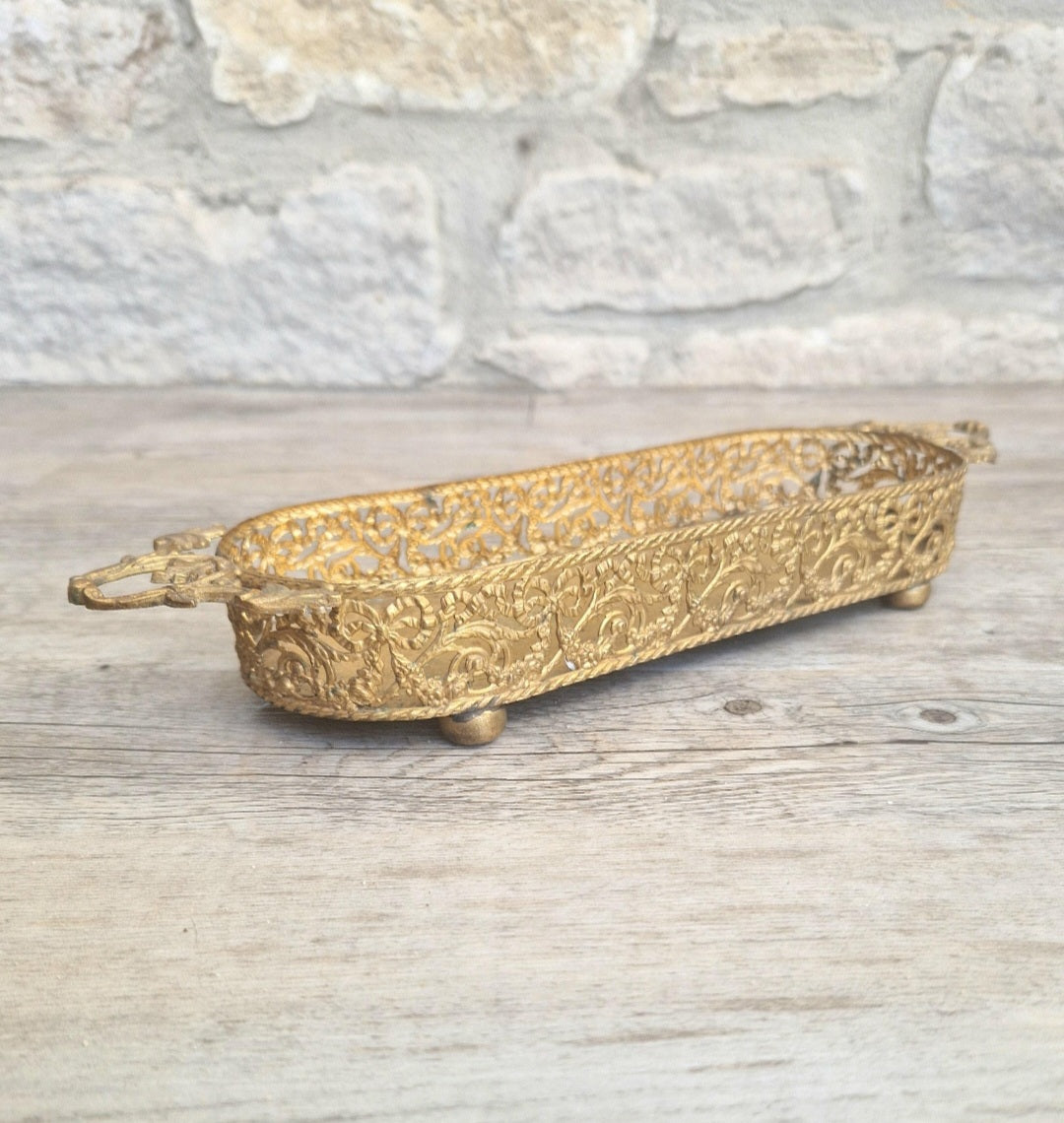 Antique Brass Filligree Rococo Style Desk Pen Tray Holder