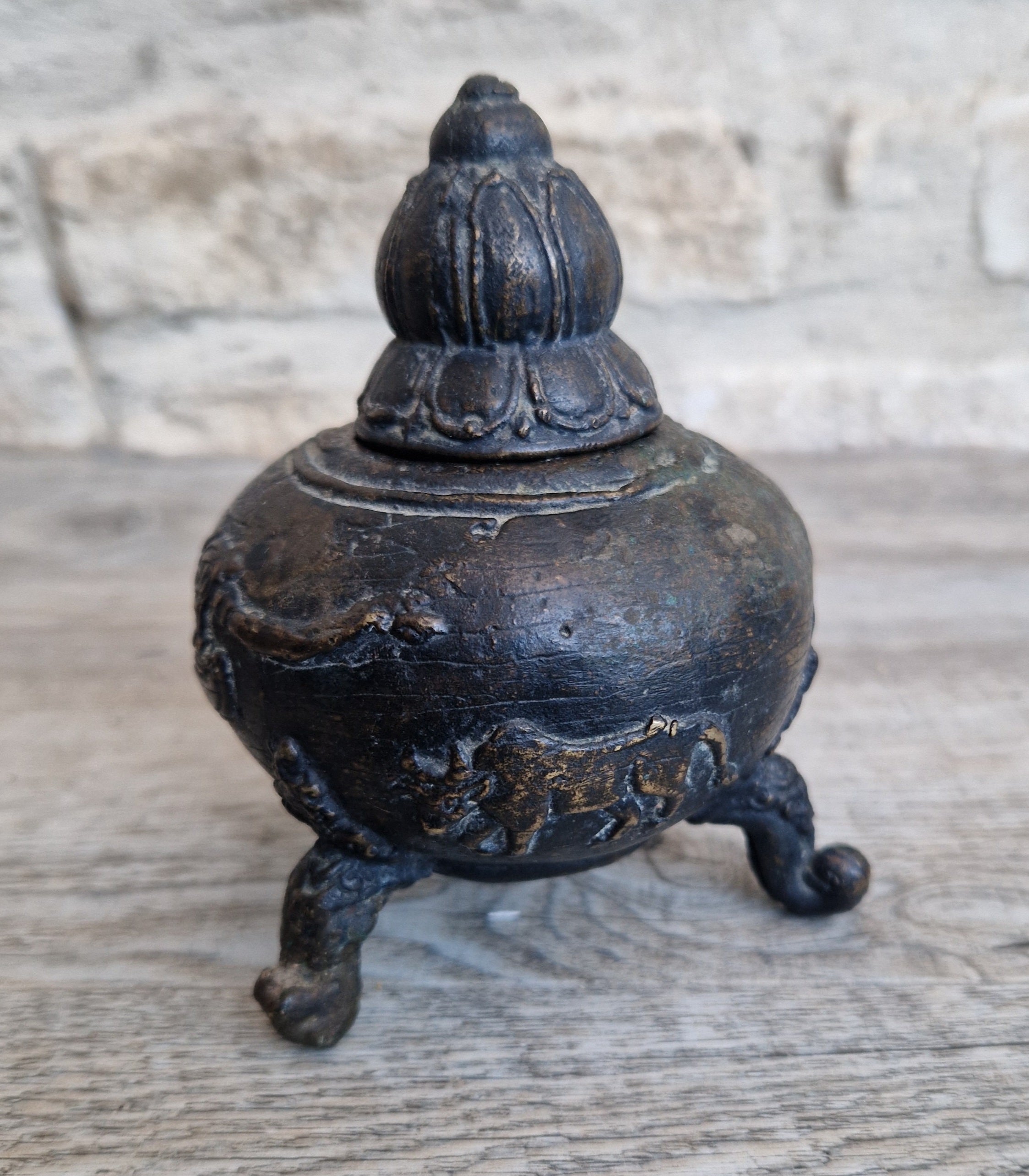 Ancient Chinese Bronze Tri-Foot Lidded Censer Mythic Creatures Reliefs