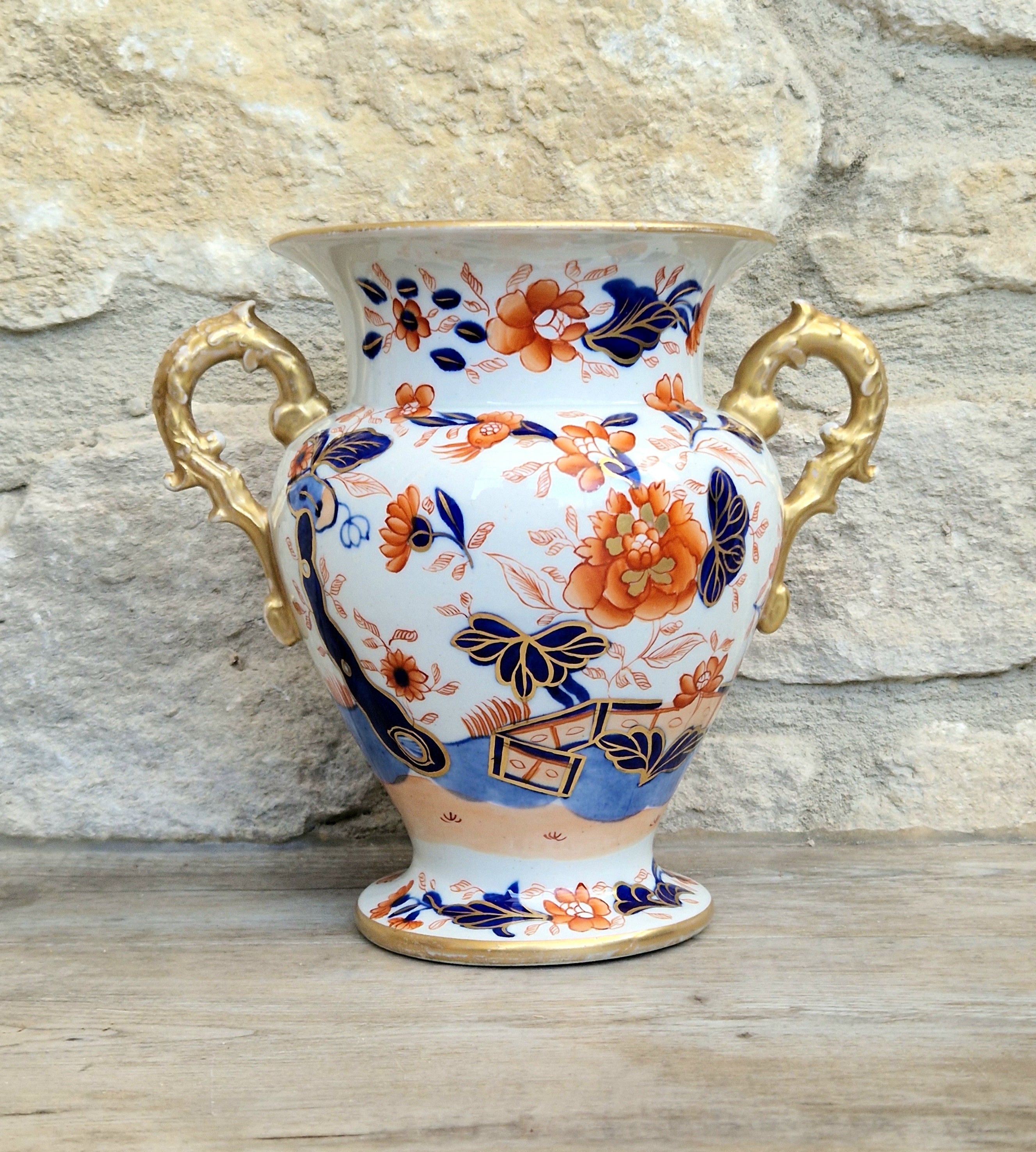 Early Mason's Ironstone China Vase Japan Fence Pattern, Gilt Handles 1820