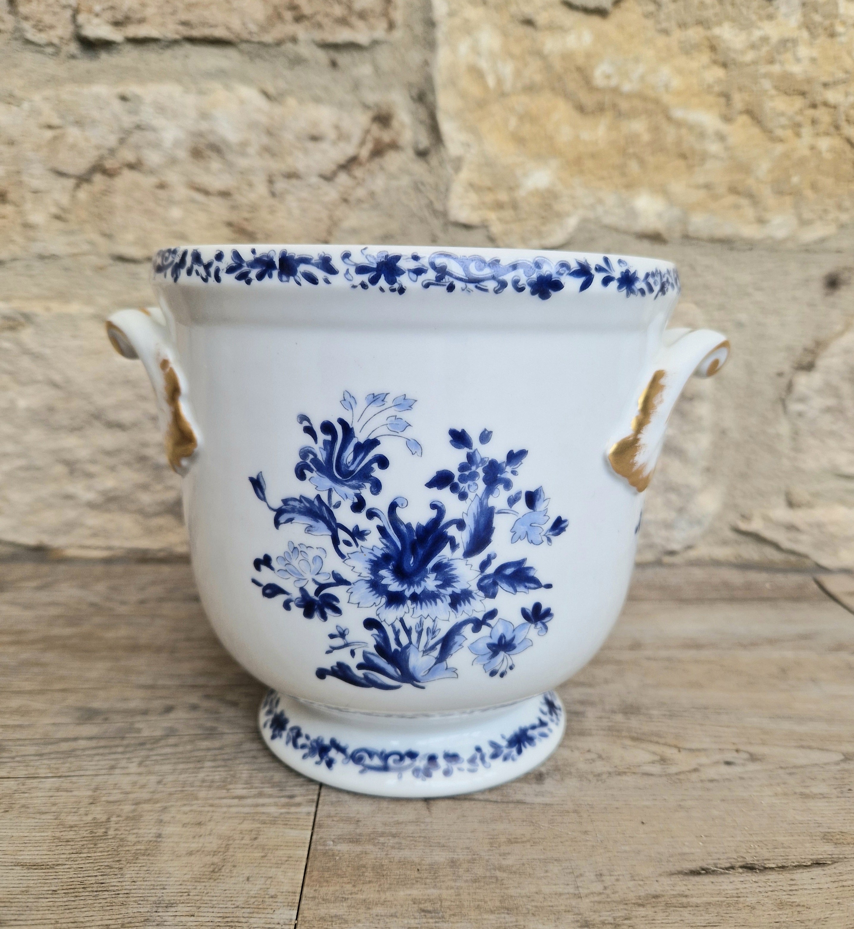 Vintage Vista Alegre Portugal Porcelain Plant Pot Round Planter / Jardinere, Blue & White