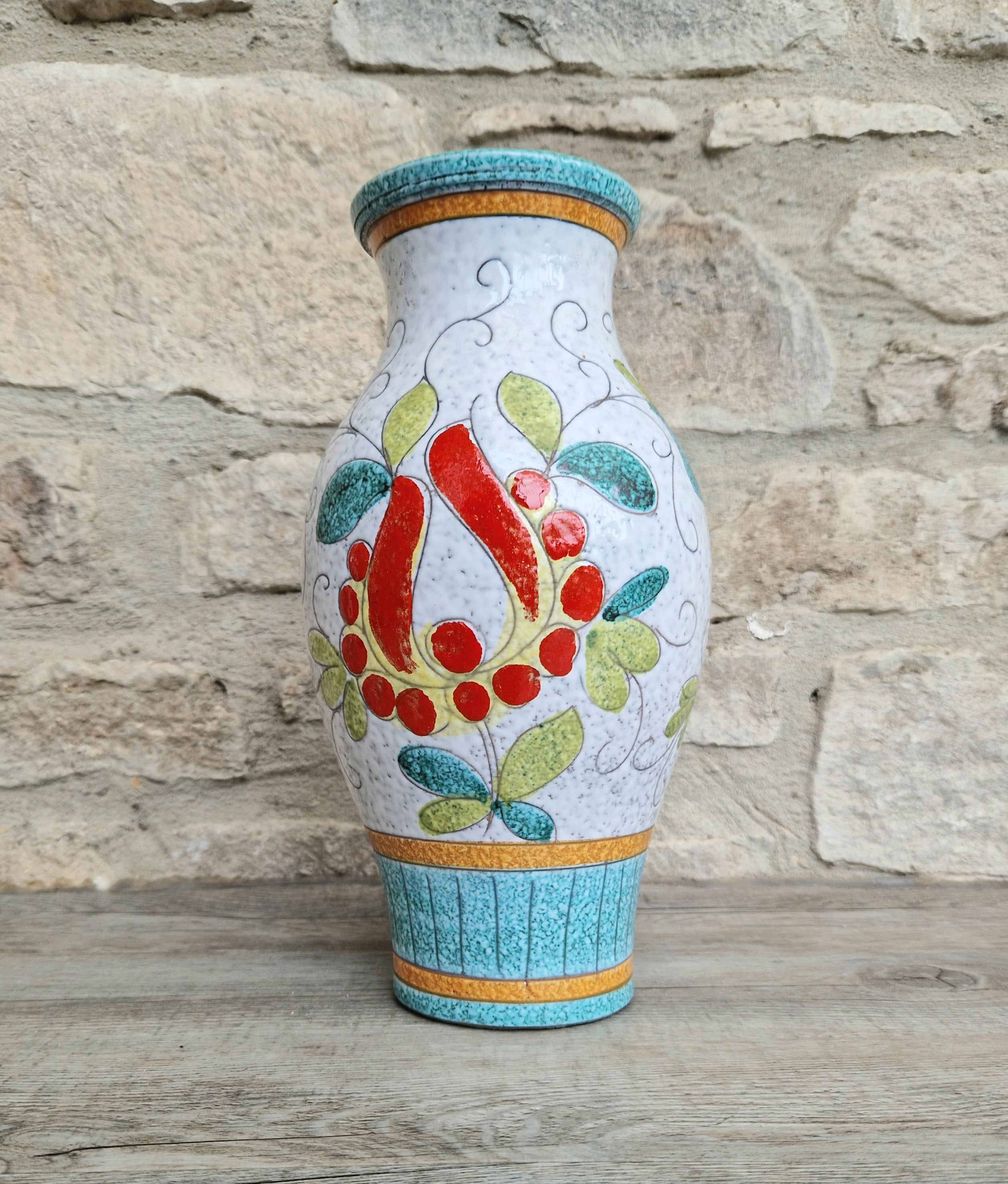 Vintage Large Italian Ceramic Floral Majolica Vase Sgraffito Technique Fratelli Fanciullacci 26cm Tall