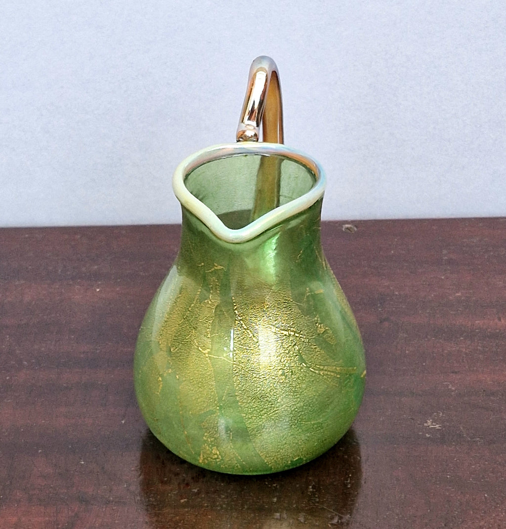 Antique Probable Salviati Dott. Murano Glass Jug, Green Gold Leaf, Venetian c.1875–1890, Handblown 13.5cm Rare