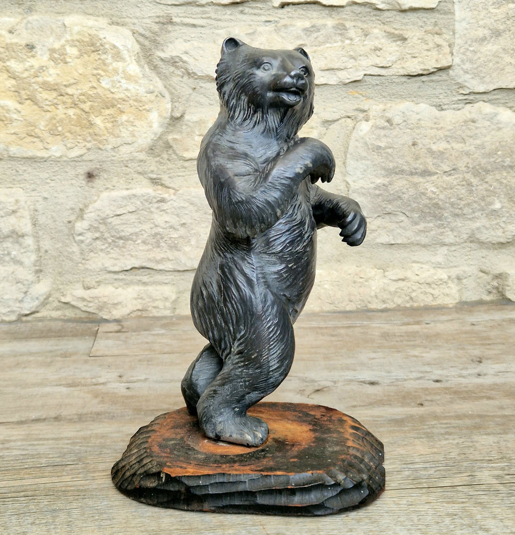 Cast Spelter Standing Bear Sculpture On Rustic Wood Base Rare Antique Art Deco