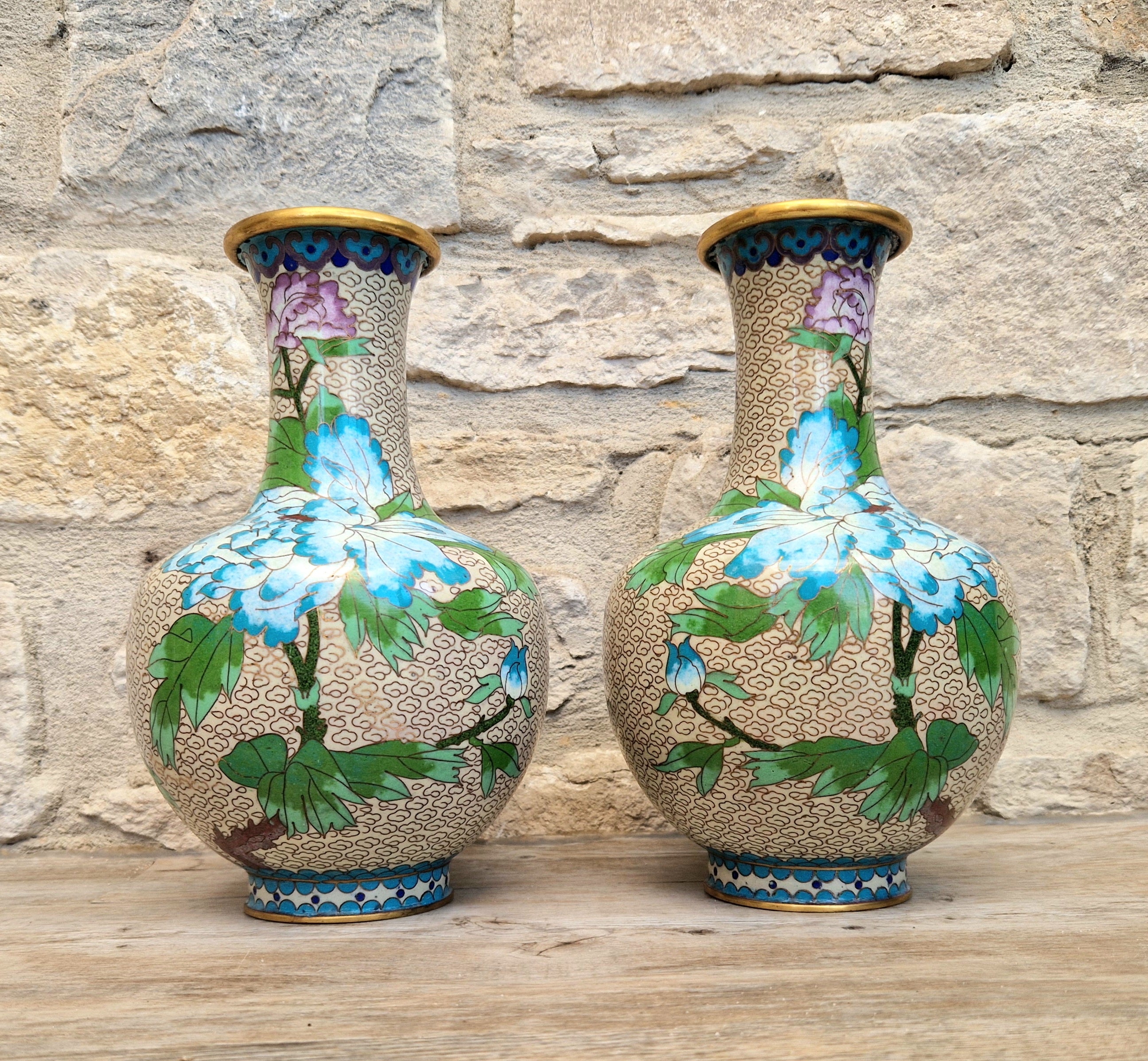 Pair Of Large Cloisonne Mirror Matched Peony Vases Mid 20th Century Exemplary Condition 23cm