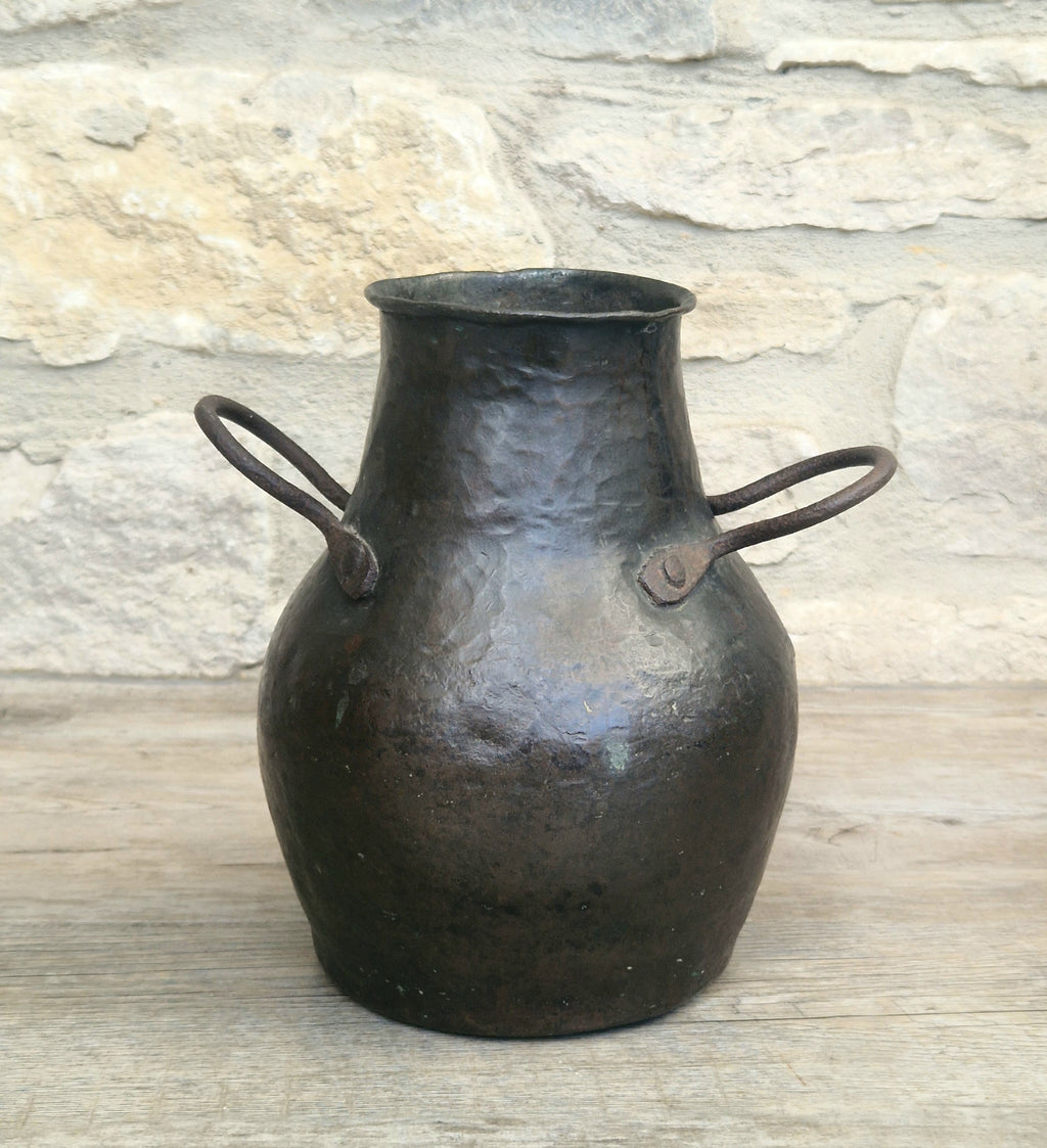 18th Century Hammered Bronze Cauldron Pot Wrought Iron Handles Historic Repair Antique Kitchenalia Vessel