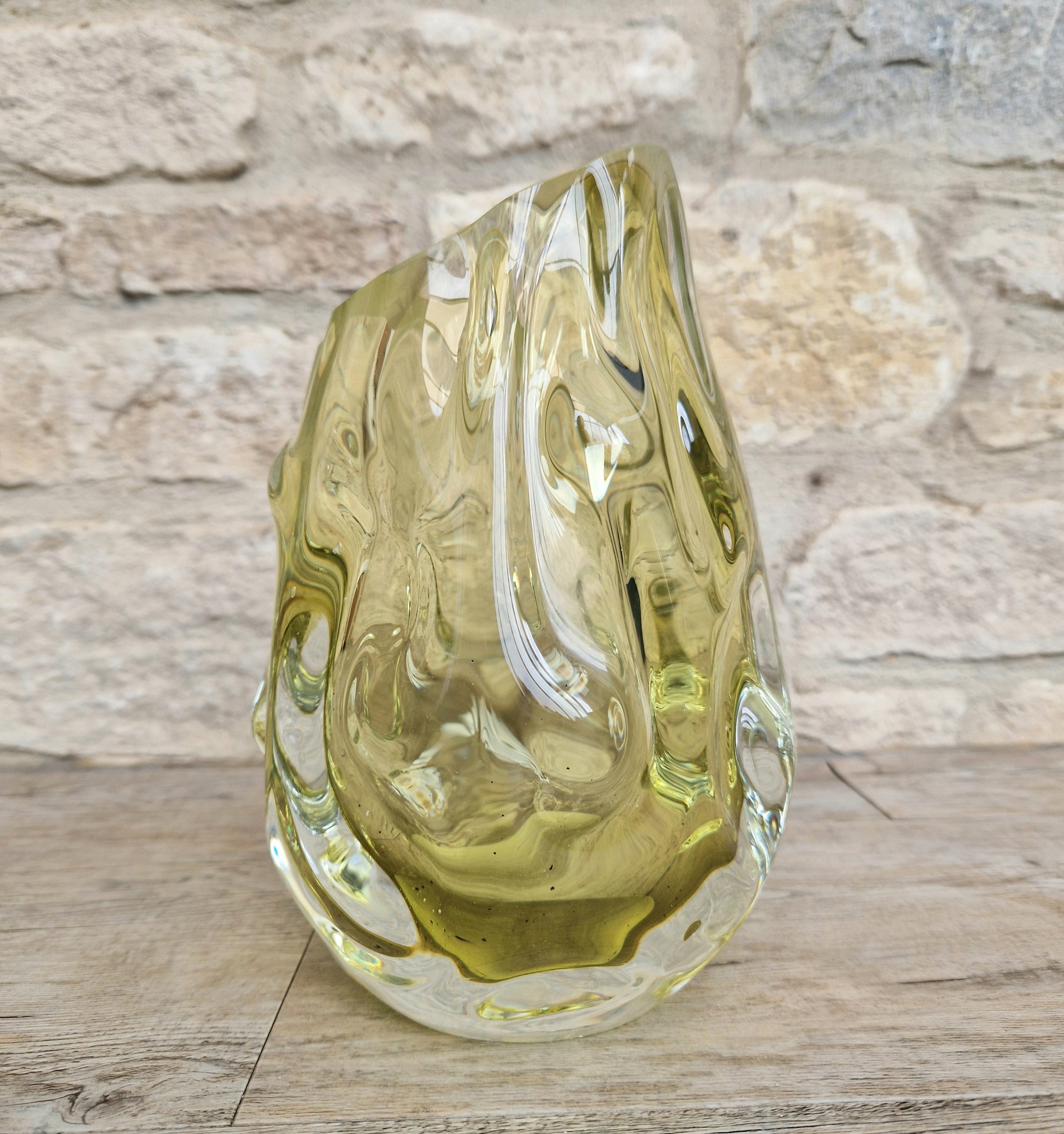 Murano Burri Glass Asymetrical Vase Light Olive Green Heavy Textured Vintage